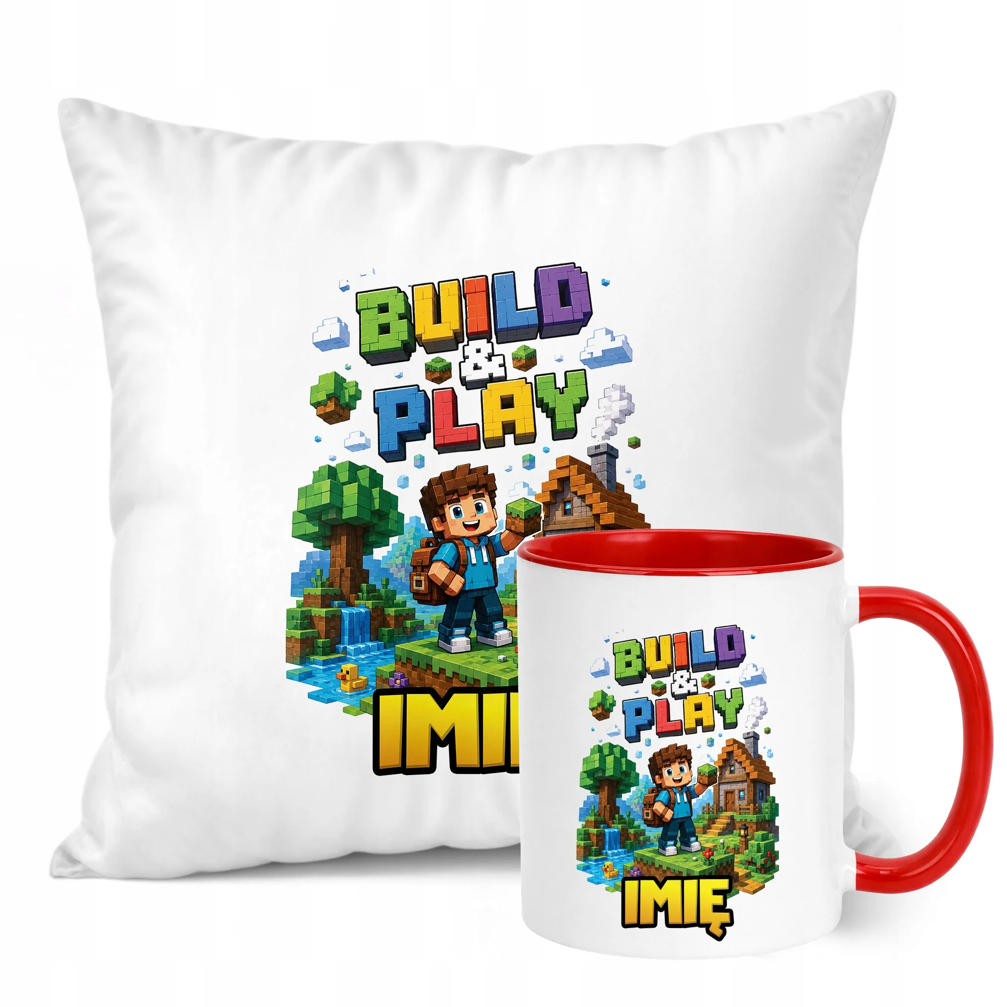 Zestaw Personalizowany Kubek Czerwony Poduszka gra Build&Play Prezent