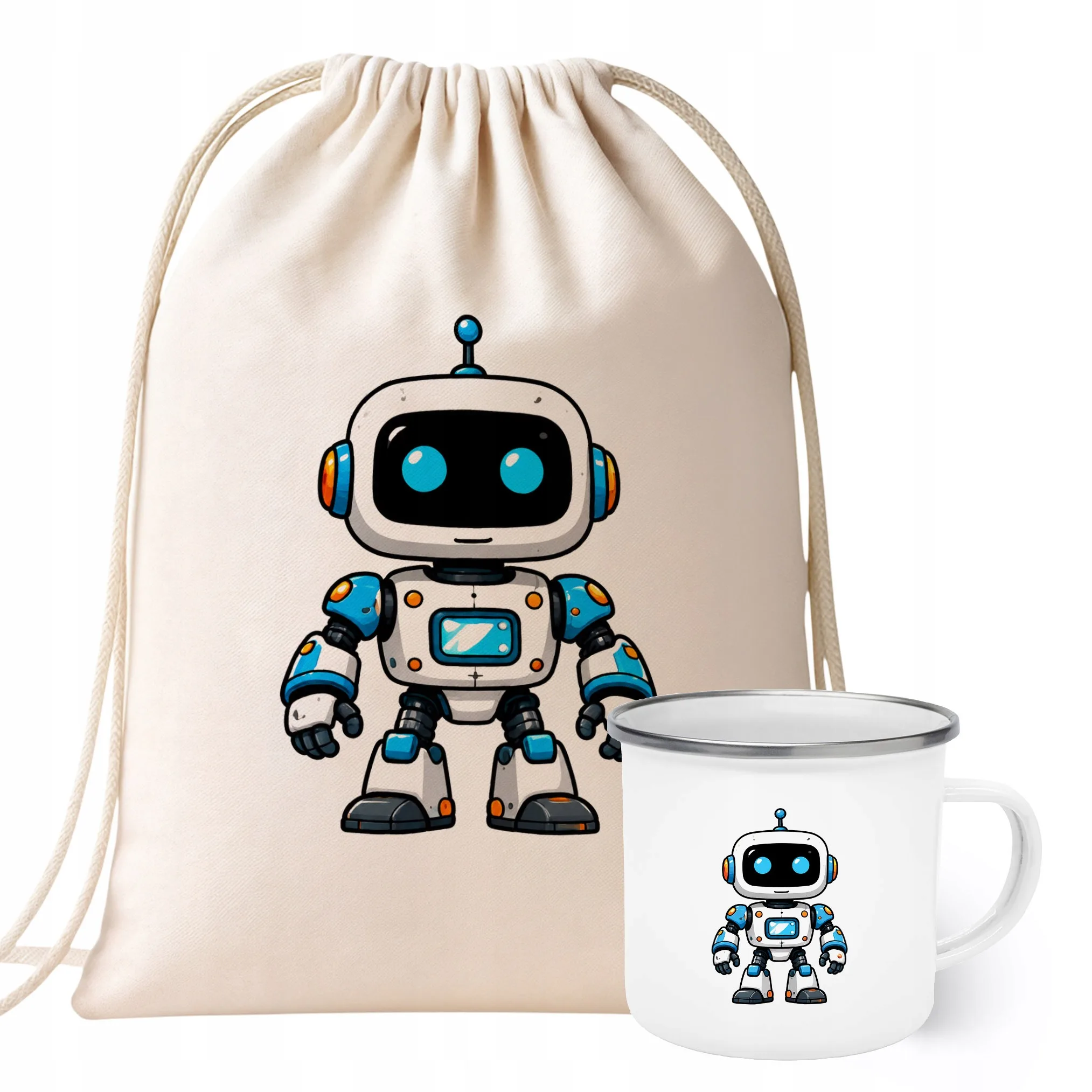 Zestaw Plecak Worek Kubek Emaliowany Z Nadrukiem Robot Prezent