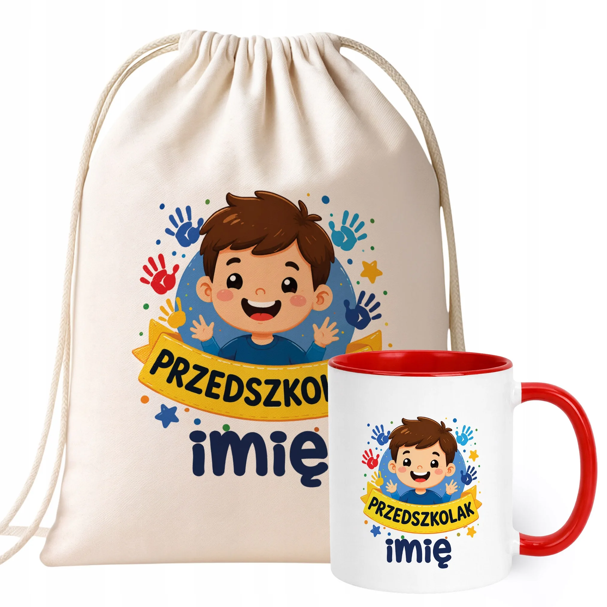 Zestaw Personalizowany Plecak Worek Kubek Czerwony Przedszkolak Prezent