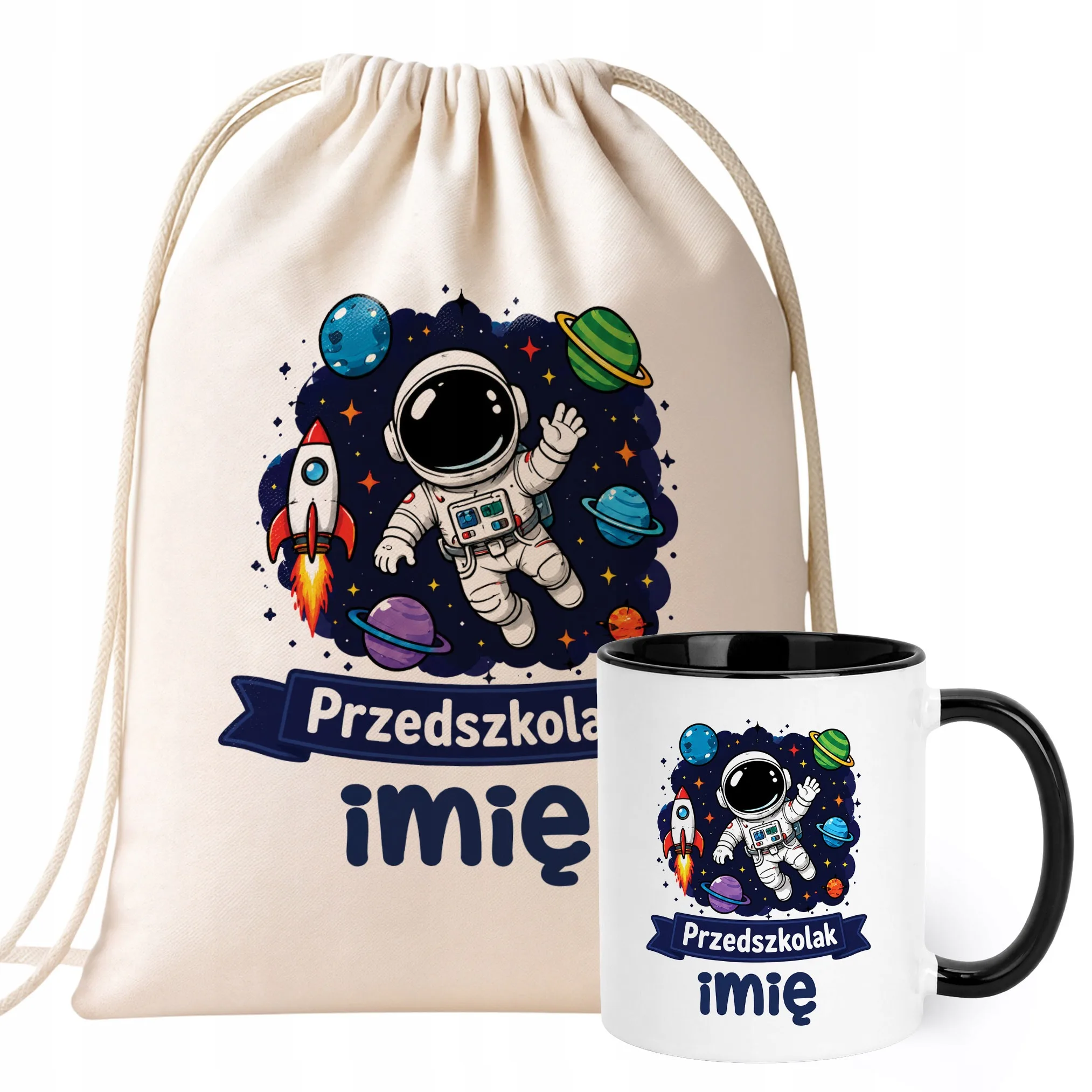 Zestaw Personalizowany Plecak Worek Kubek Czarny Przedszkolak Astronauta