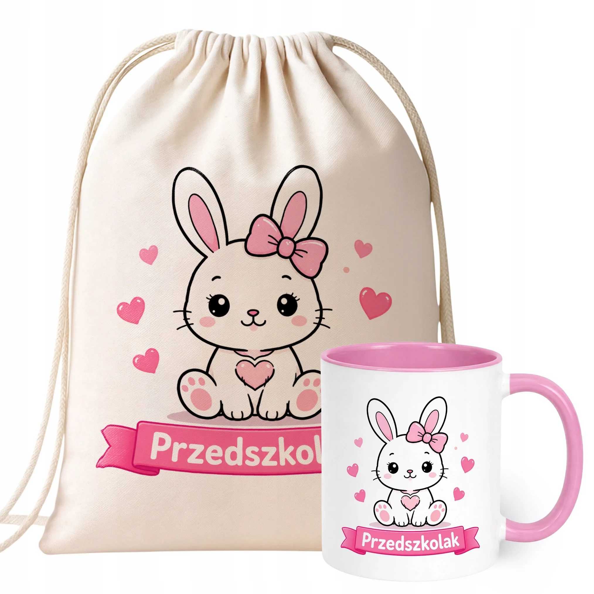 Zestaw Plecak Worek Kubek Różowy Z Nadrukiem Przedszkolak Dla Dzieci