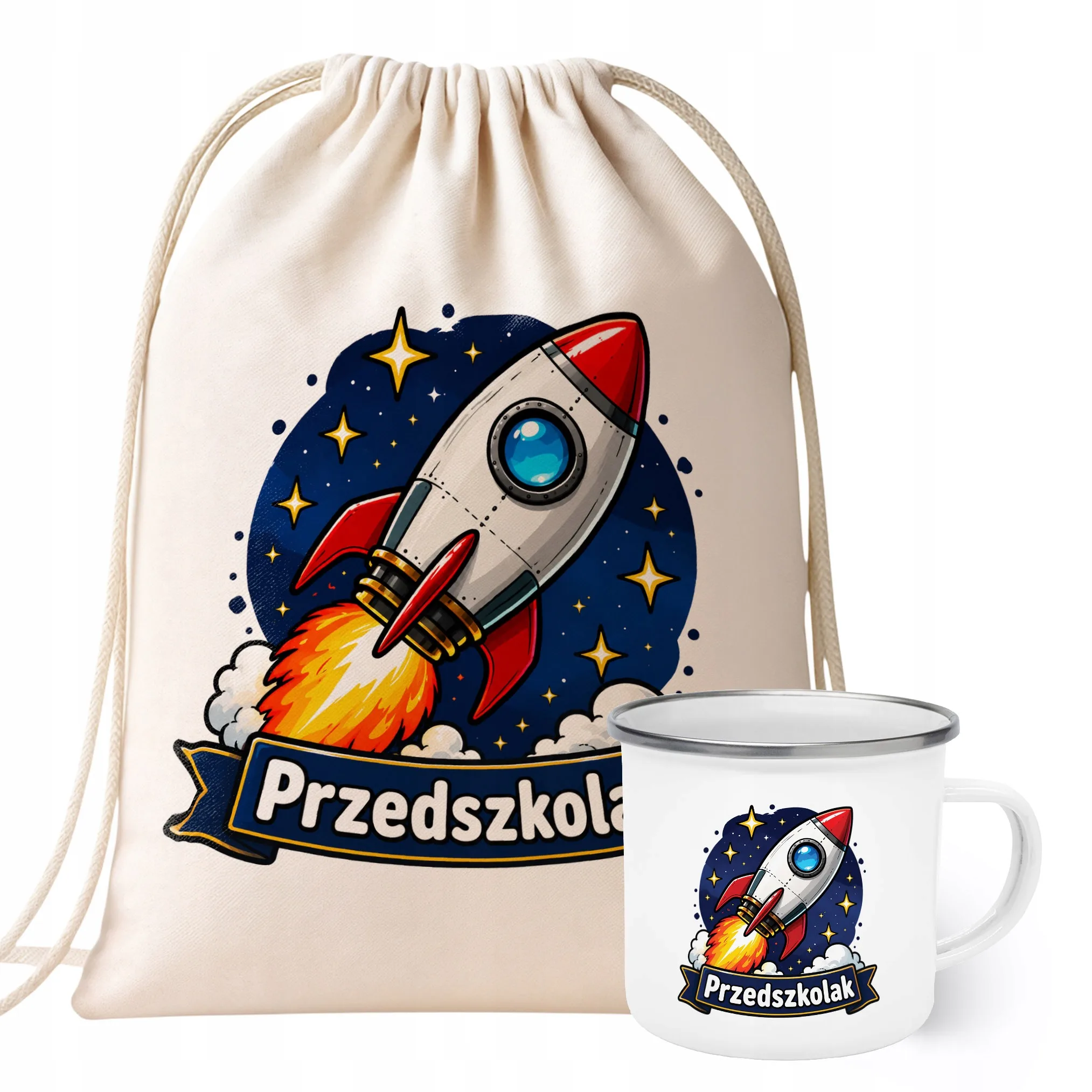 Zestaw Plecak Worek Kubek Emaliowany Z Nadrukiem Przedszkolak Szkoła