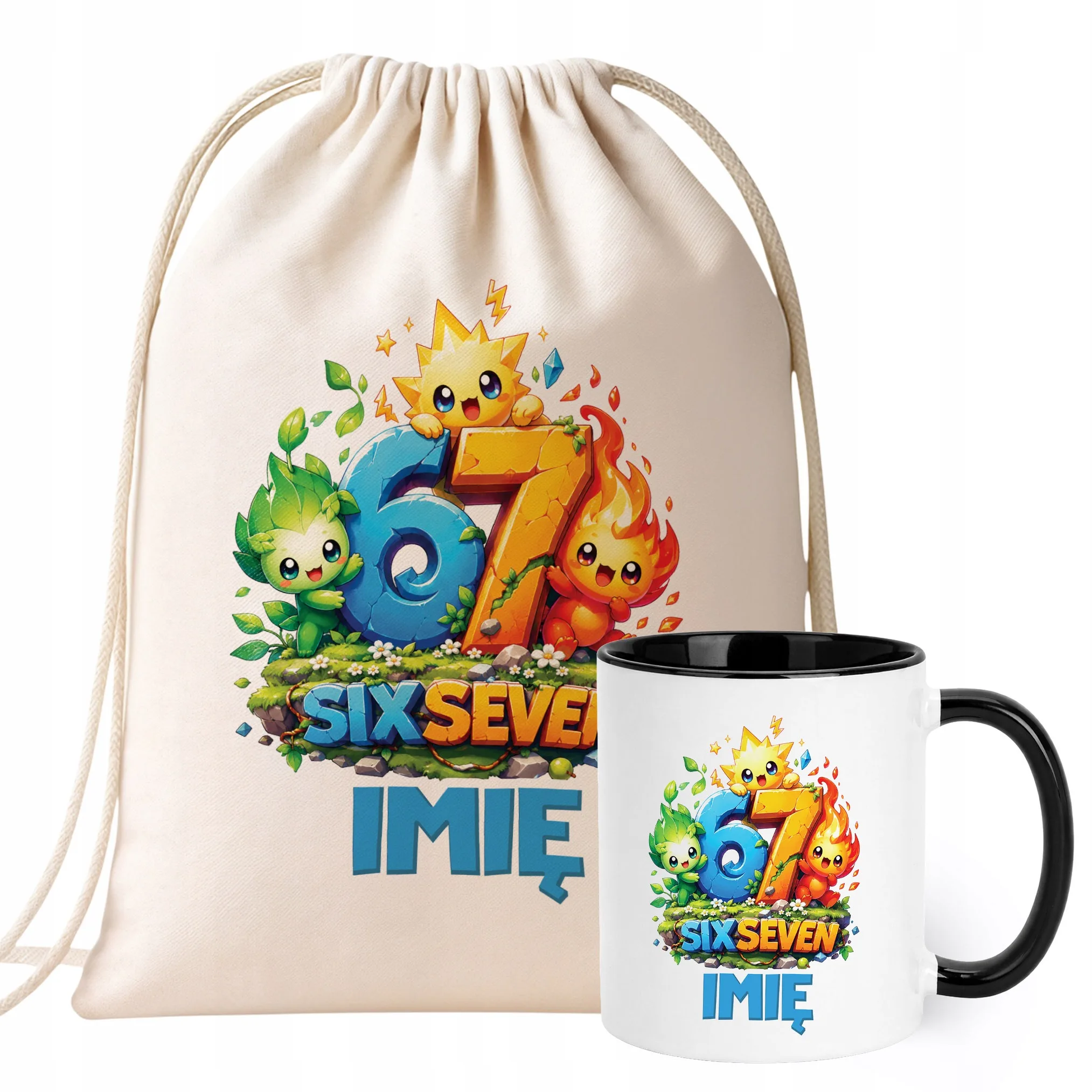 Zestaw Personalizowany Plecak Worek Kubek Czarny 67 Six Seven Prezent