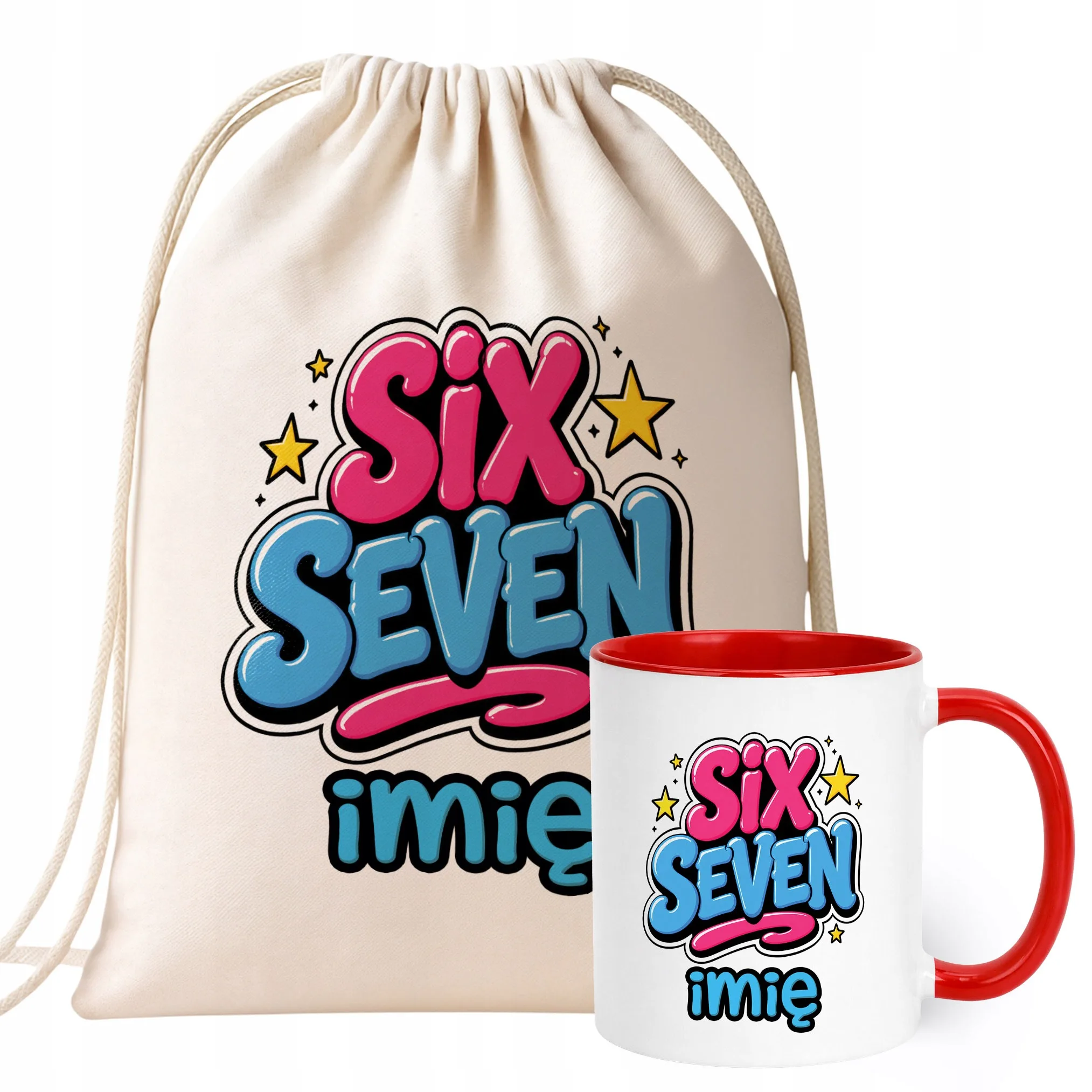 Zestaw Personalizowany Plecak Worek Kubek Czerwony 67 Six Seven Prezent