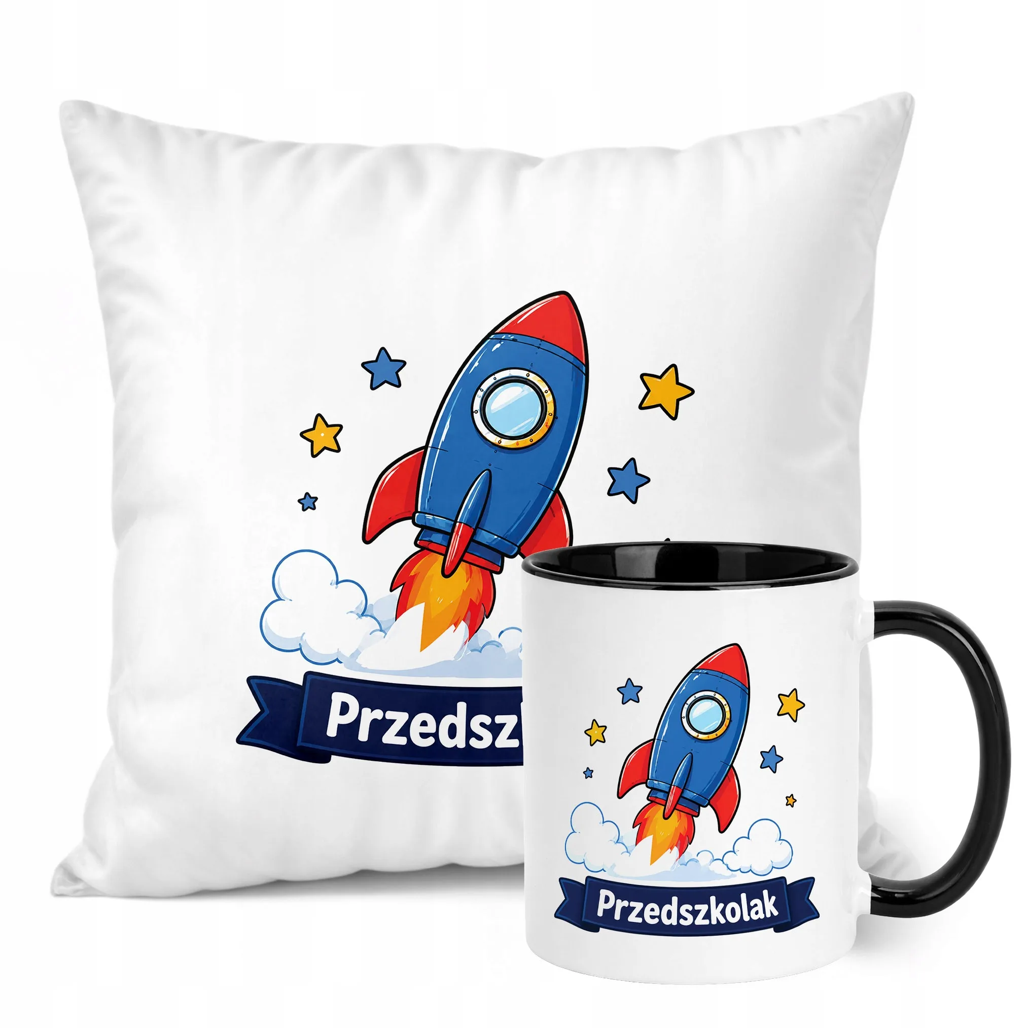 Zestaw Kubek Czarny Poduszka Z Nadrukiem Przedszkolak Szkoła Prezent