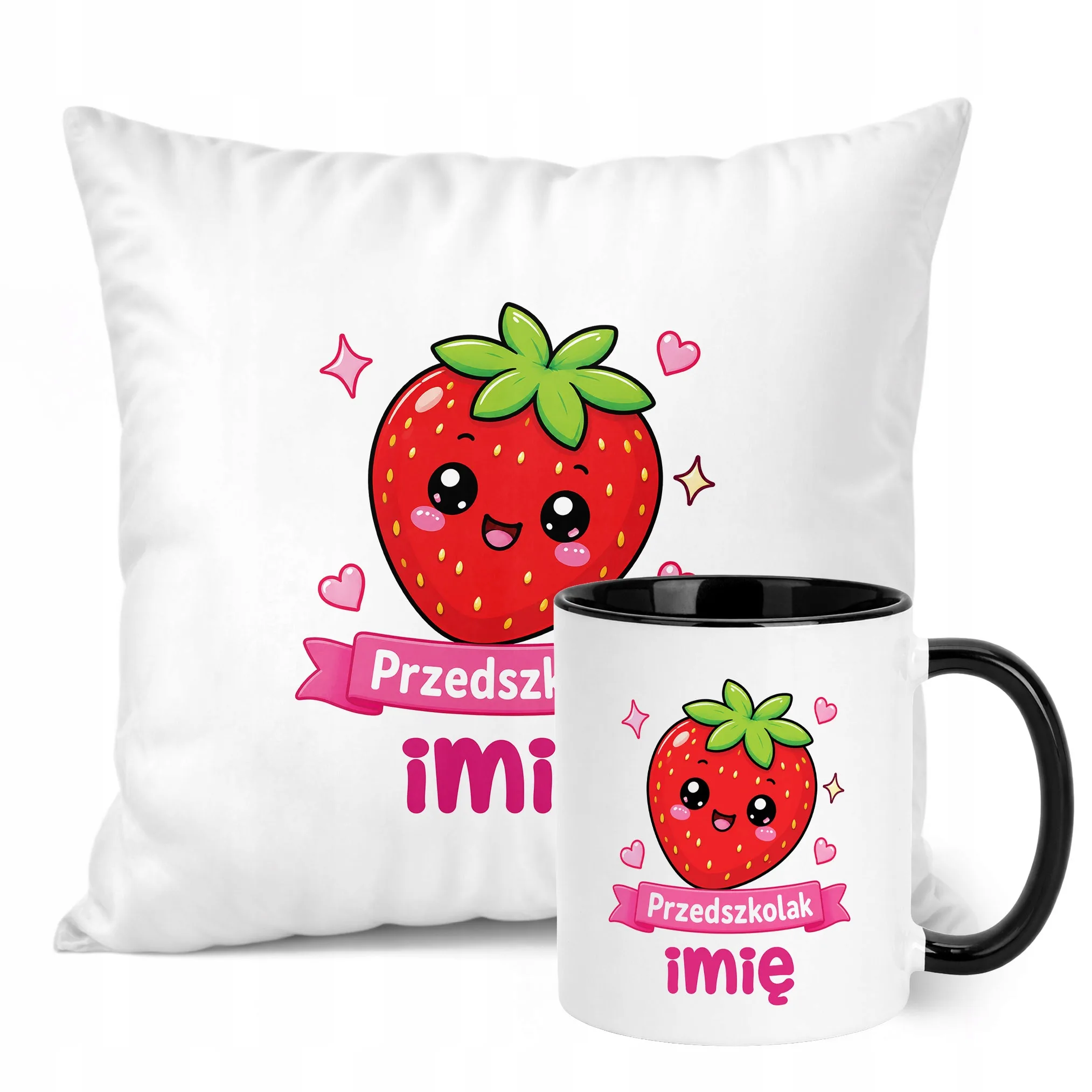 Zestaw Personalizowany Kubek Czarny Poduszka Przedszkolak Truskawka