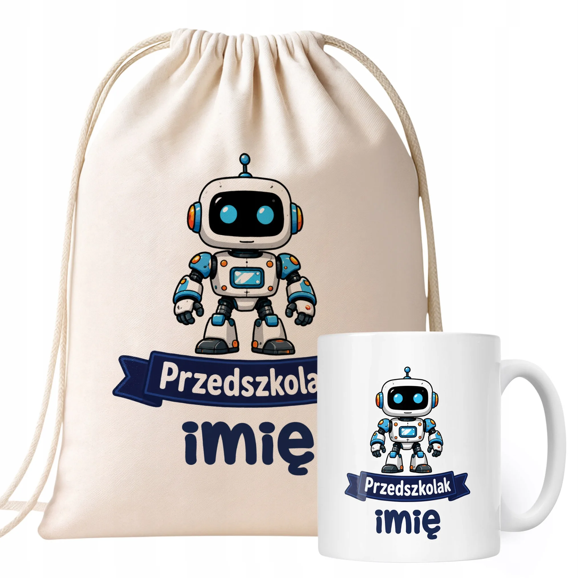 Zestaw Personalizowany Plecak Worek Kubek Przedszkolak Robot Prezent