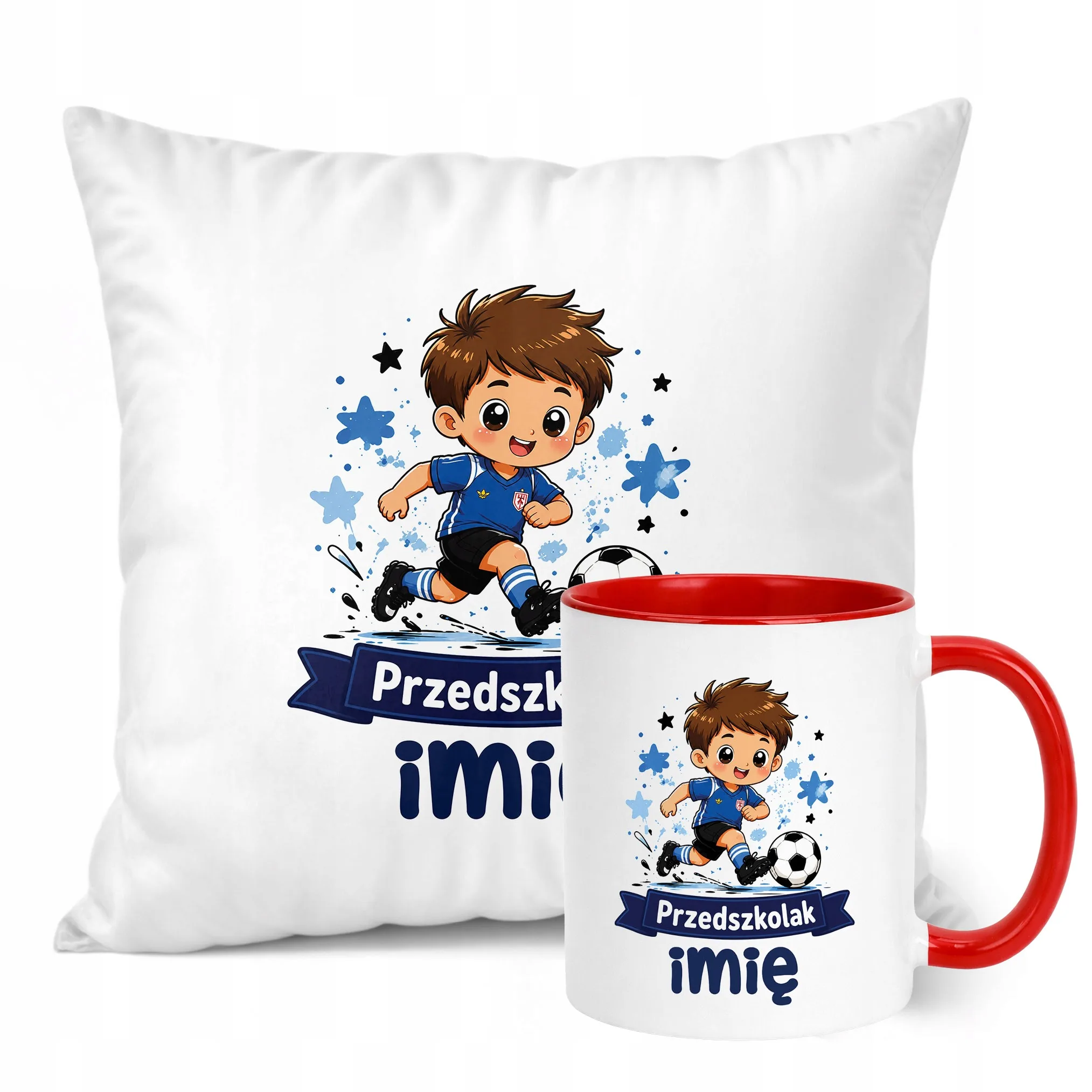 Zestaw Personalizowany Kubek Czerwony Poduszka Przedszkolak Piłka