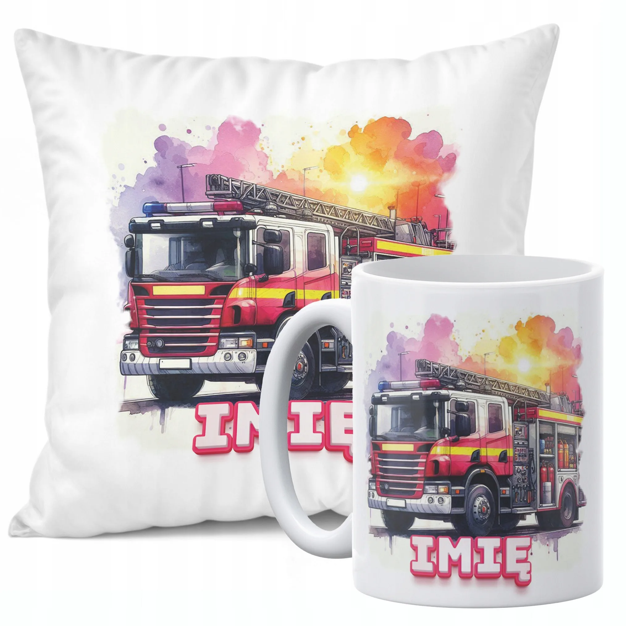 Zestaw Personalizowany Kubek + Poduszka 38×38 cm Dla Strażaka Wóz Strażacki
