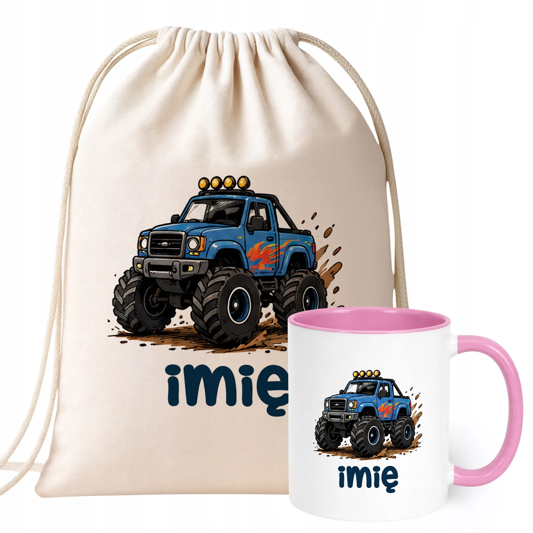 Zestaw Personalizowany Plecak Worek Kubek Różowy Monster Truck Prezent