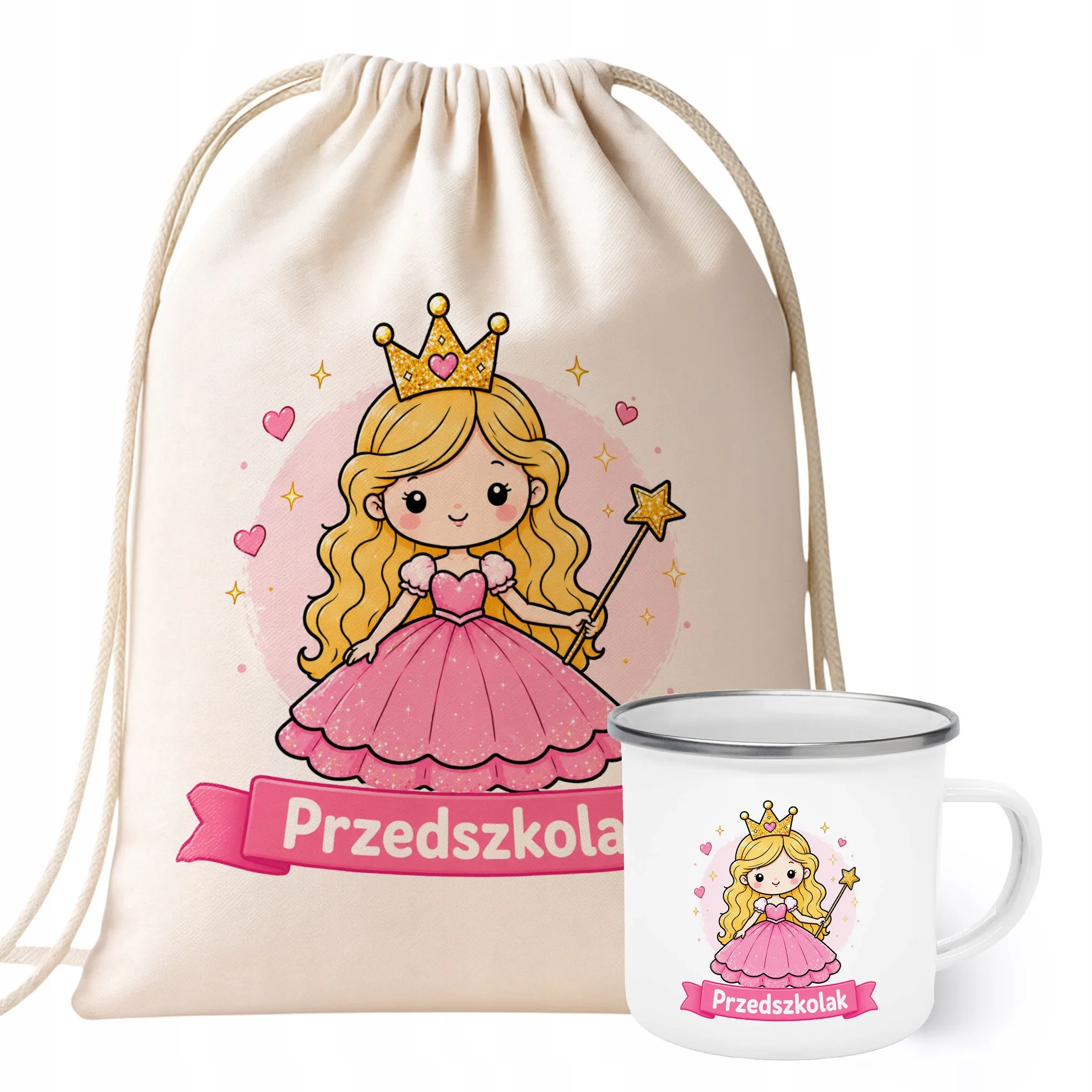 Zestaw Plecak Worek Kubek Emaliowany Z Nadrukiem Przedszkolak Szkoła