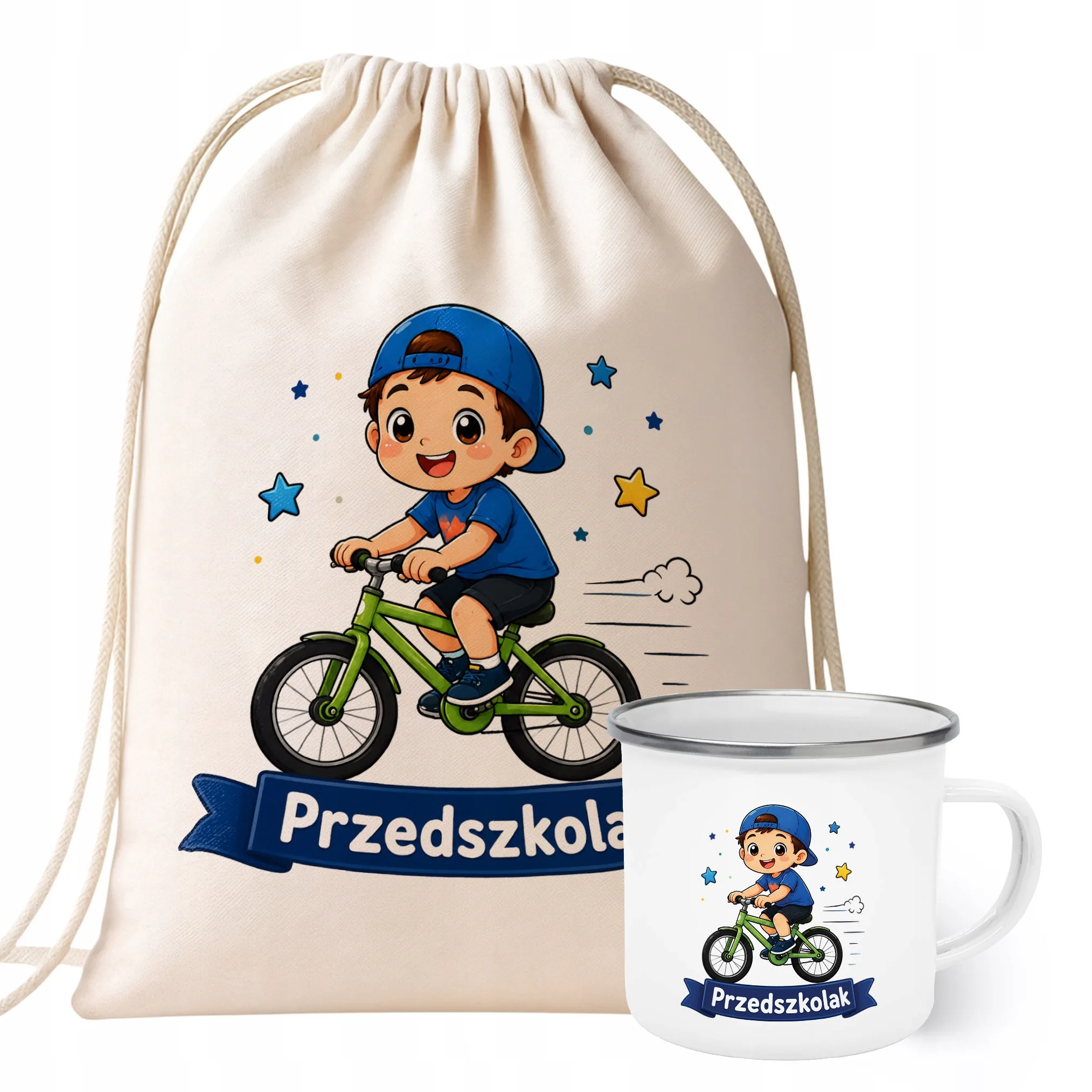 Zestaw Plecak Worek Kubek Emaliowany Z Nadrukiem Przedszkolak Szkoła
