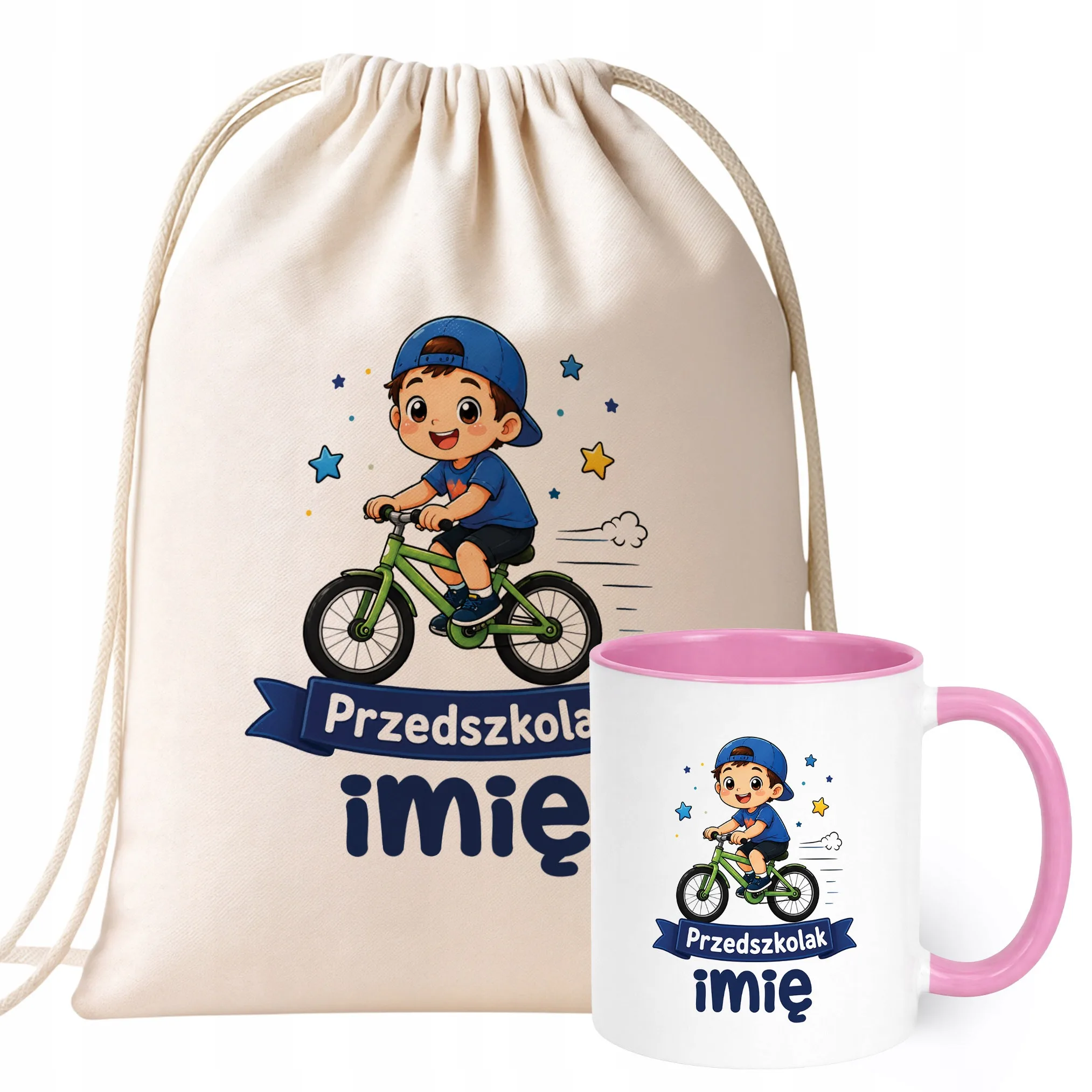 Zestaw Personalizowany Plecak Worek Kubek Różowy Przedszkolak Rower