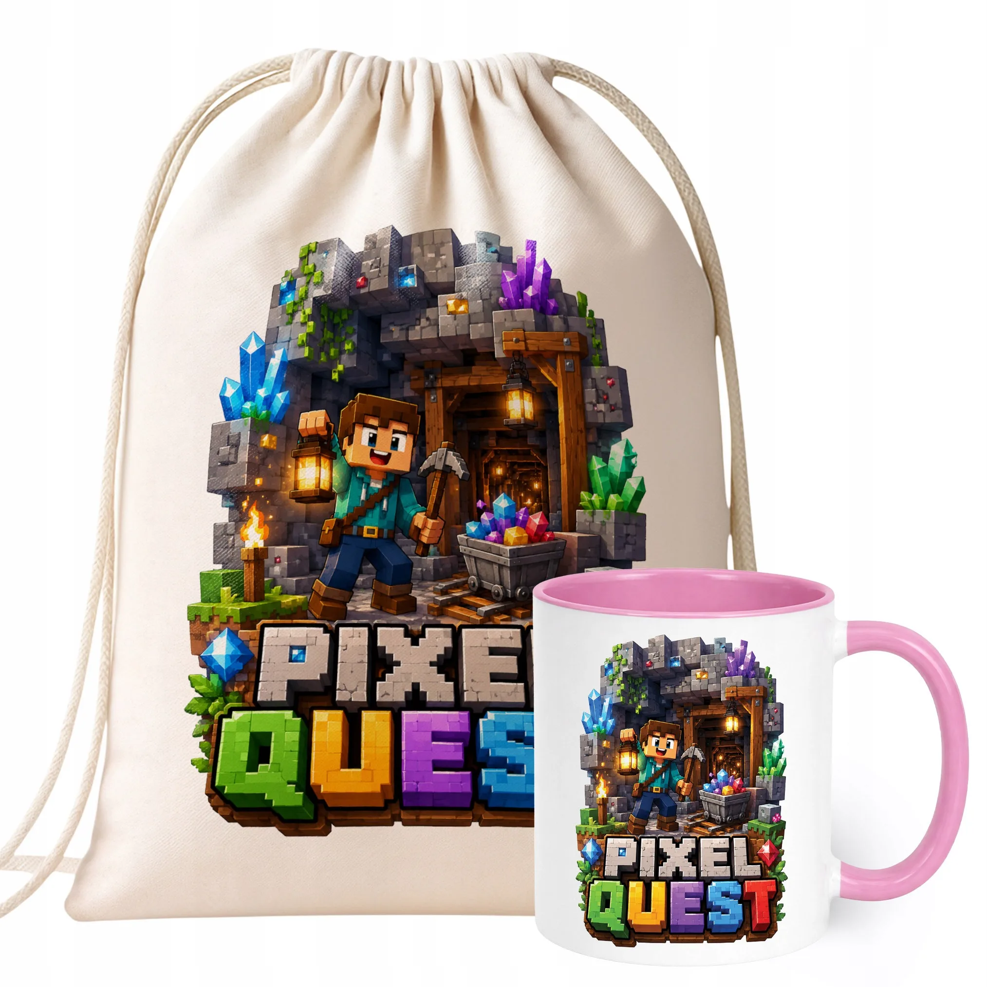 Zestaw Plecak Worek Kubek Różowy Z Nadrukiem PIXEL Gra Dla Dzieci