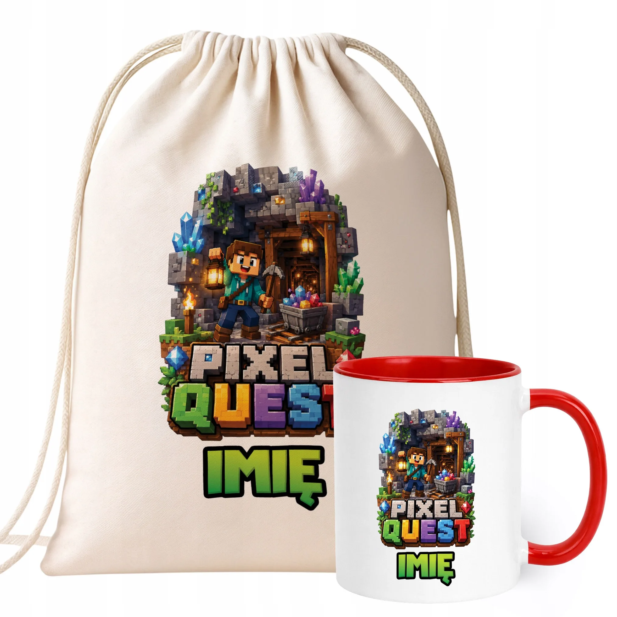 Zestaw Personalizowany Plecak Worek Kubek Czerwony gra Pixel Quest Prezent
