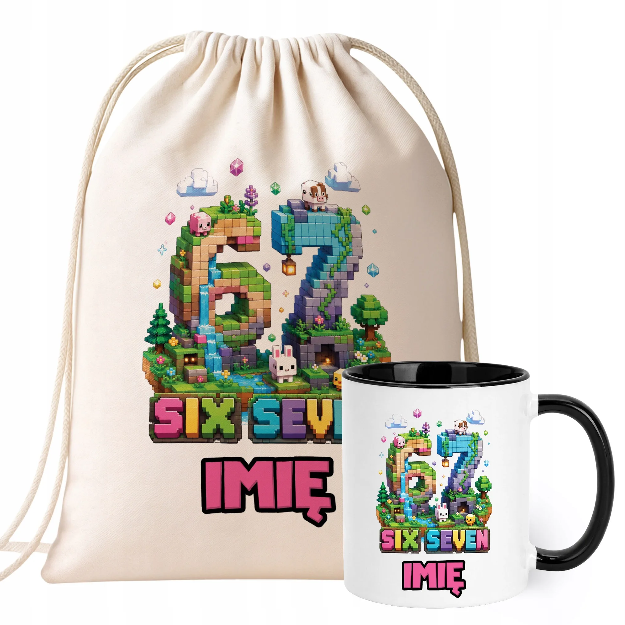 Zestaw Personalizowany Plecak Worek Kubek Czarny 67 Six Seven Prezent