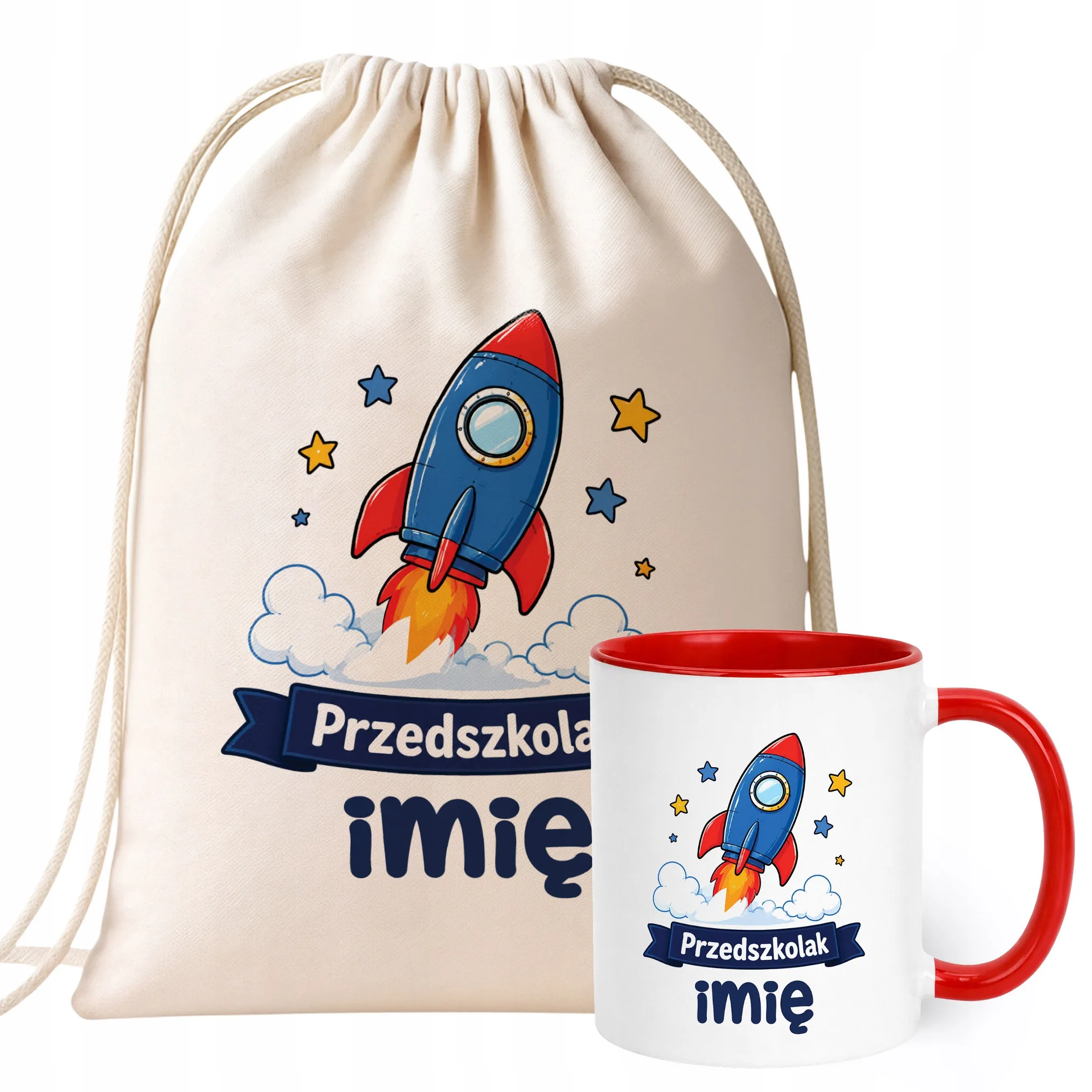 Zestaw Personalizowany Plecak Worek Kubek Czerwony Przedszkolak Rakieta