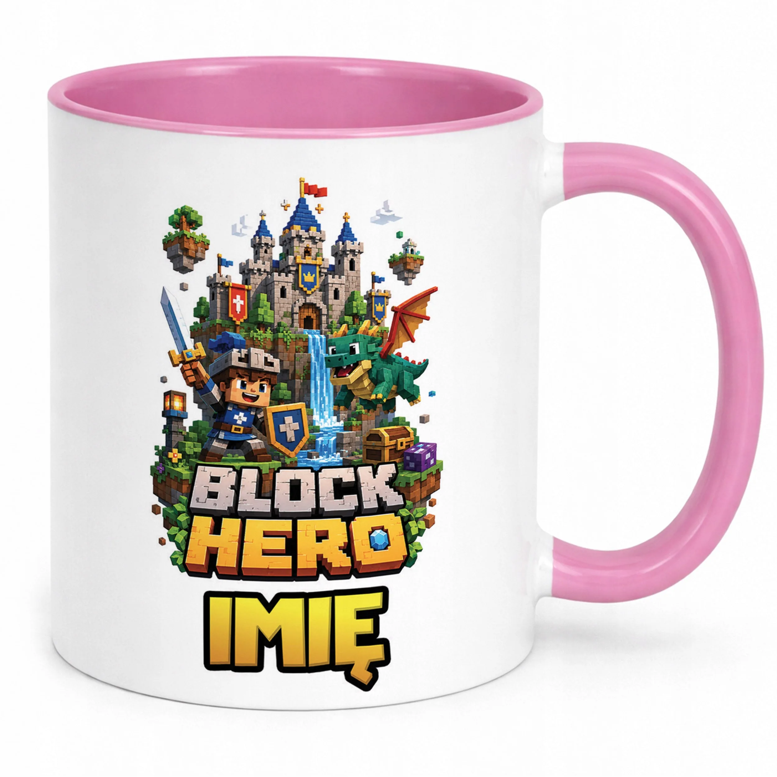 Kubek Różowy z nadrukiem personalizowany BLOCK HERO Gra Dla Dzieci Prezent