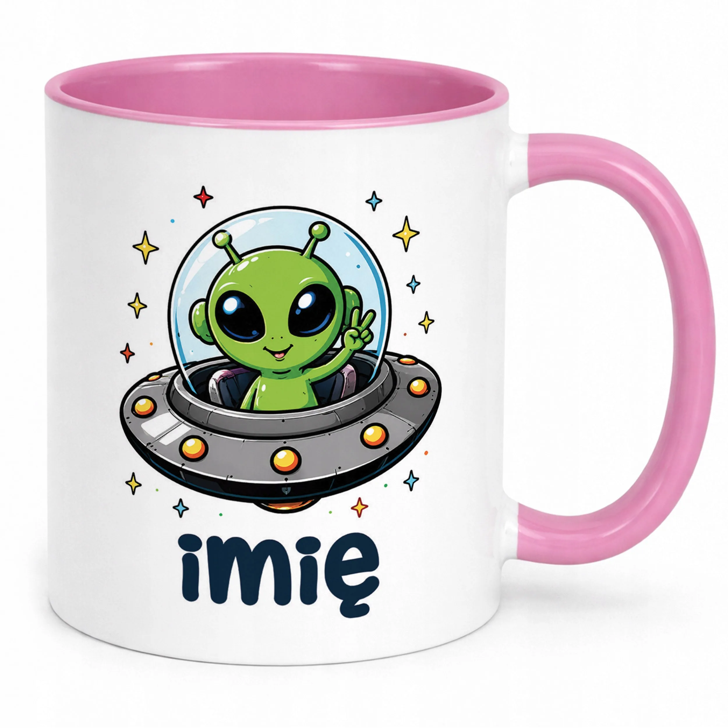 Kubek Różowy z nadrukiem personalizowany Kosmita UFO Dla Dzieci Prezent