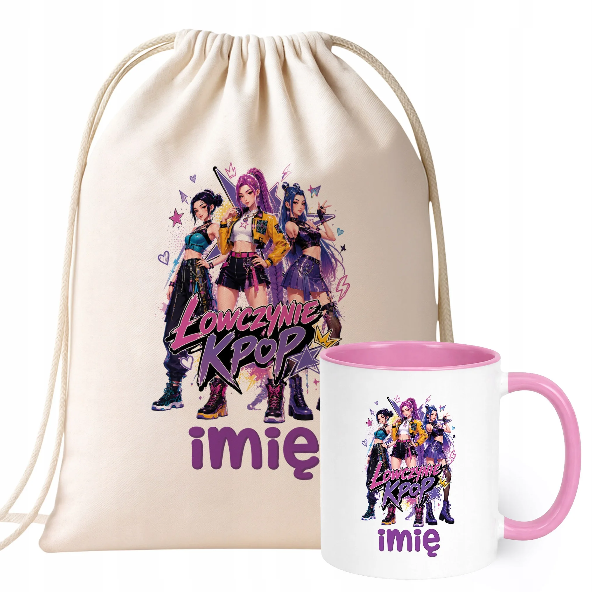 Zestaw Personalizowany Plecak Worek Kubek Różowy Łowczynie Kpop Prezent