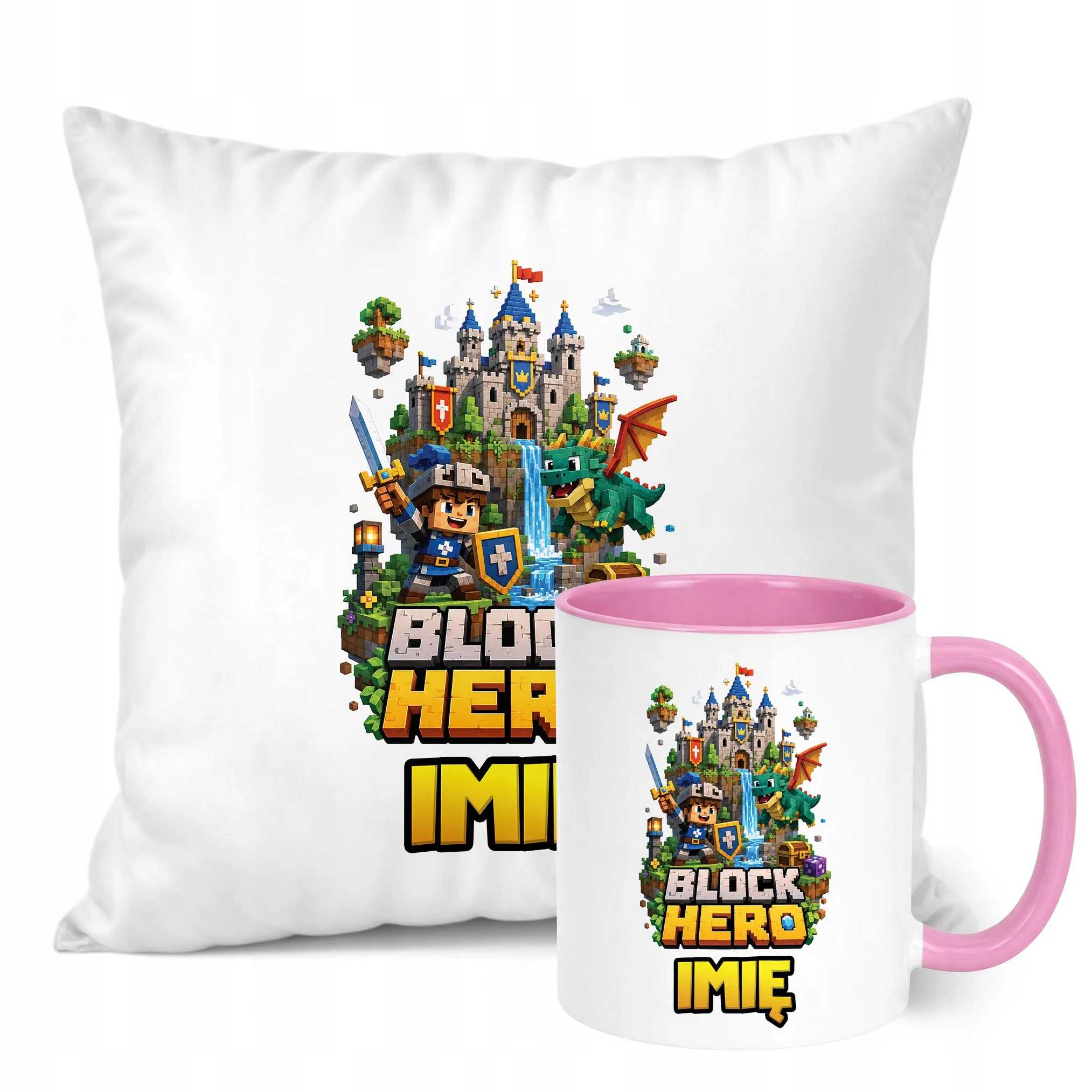 Zestaw Personalizowany Kubek Różowy Poduszka gra Block Hero Prezent