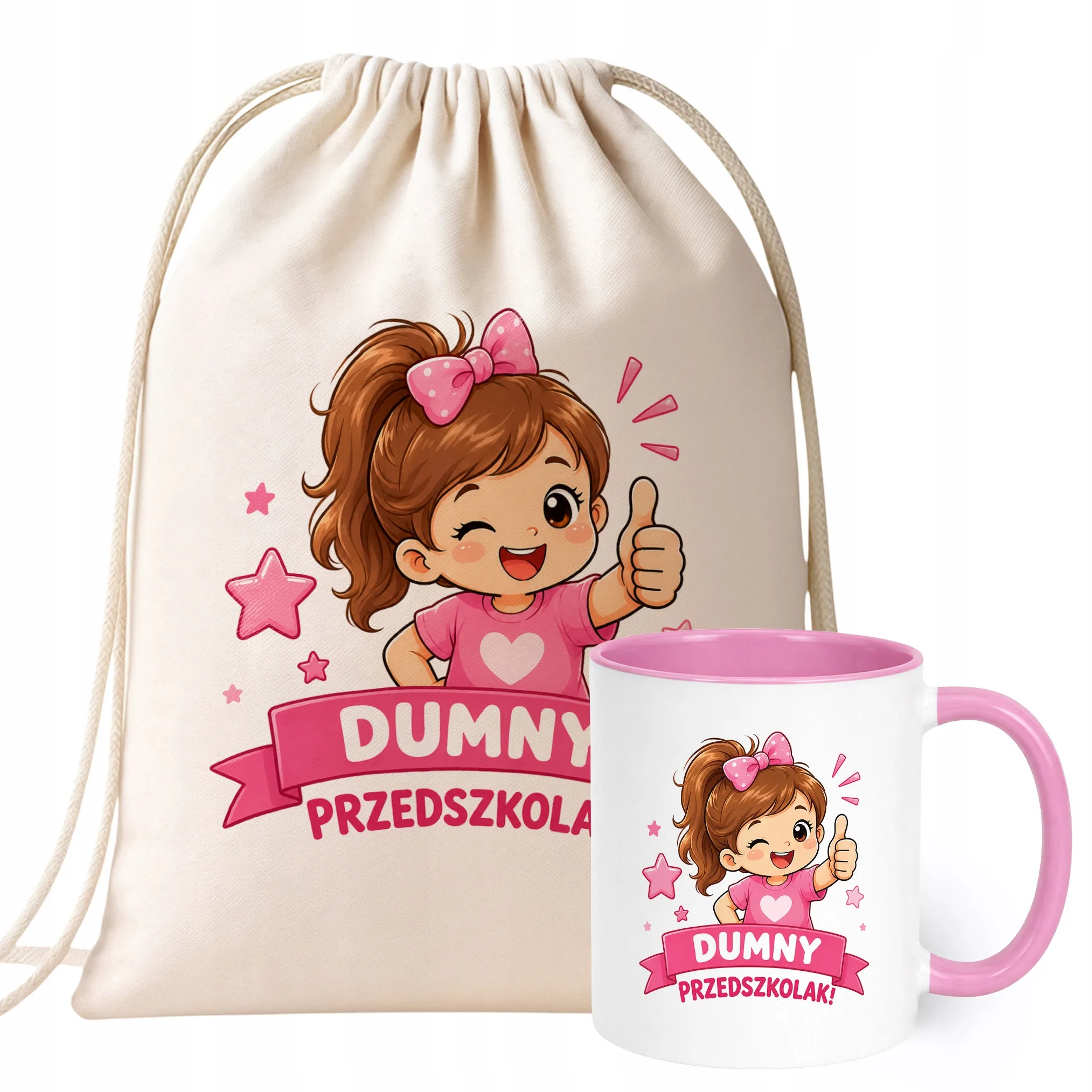 Zestaw Plecak Worek Kubek Różowy Z Nadrukiem Przedszkolak Dla Dzieci