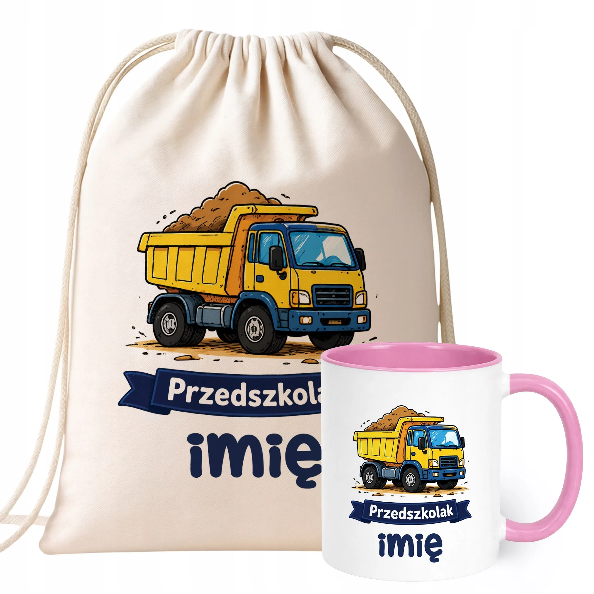 Zestaw Personalizowany Plecak Worek Kubek Różowy Przedszkolak Ciężarówka