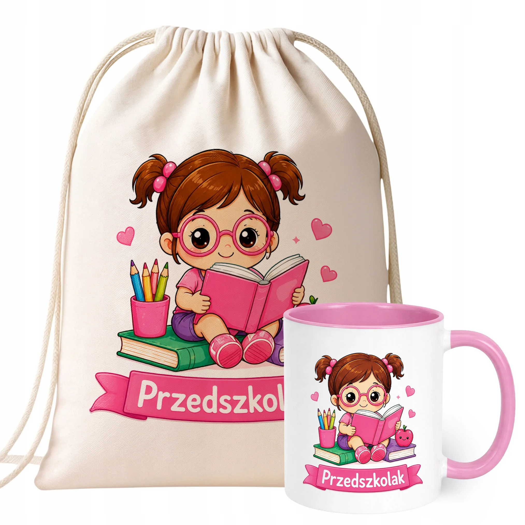 Zestaw Plecak Worek Kubek Różowy Z Nadrukiem Przedszkolak Dla Dzieci