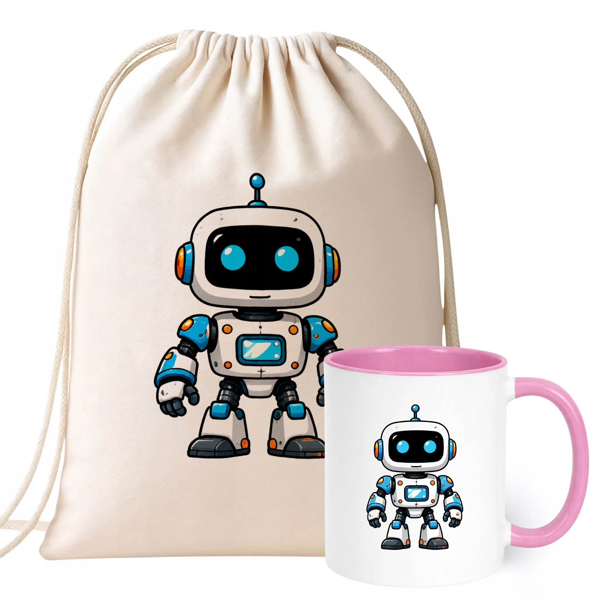 Zestaw Plecak Worek Kubek Różowy Z Nadrukiem Robot Dla Dzieci