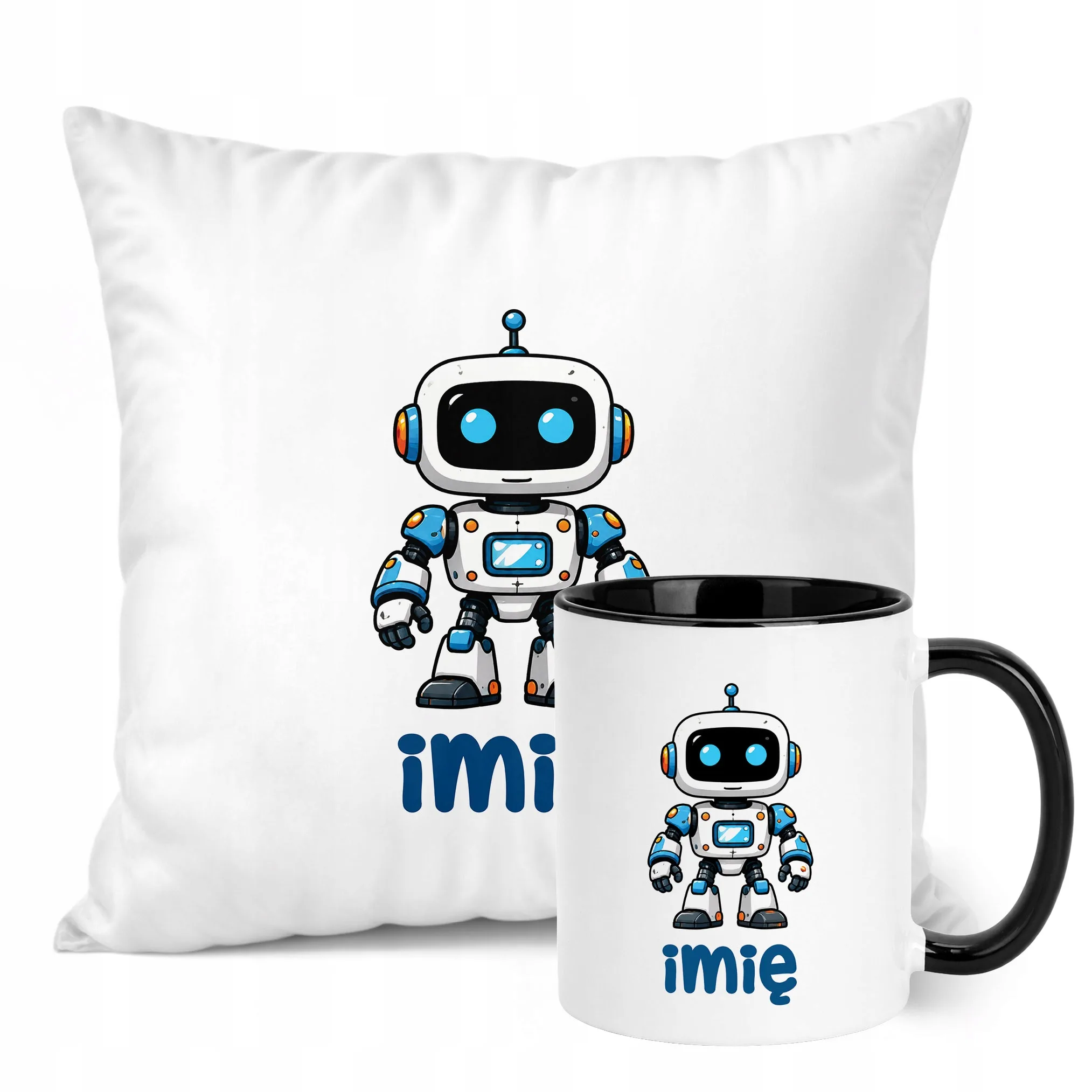 Zestaw Personalizowany Kubek Czarny Poduszka Robot Prezent