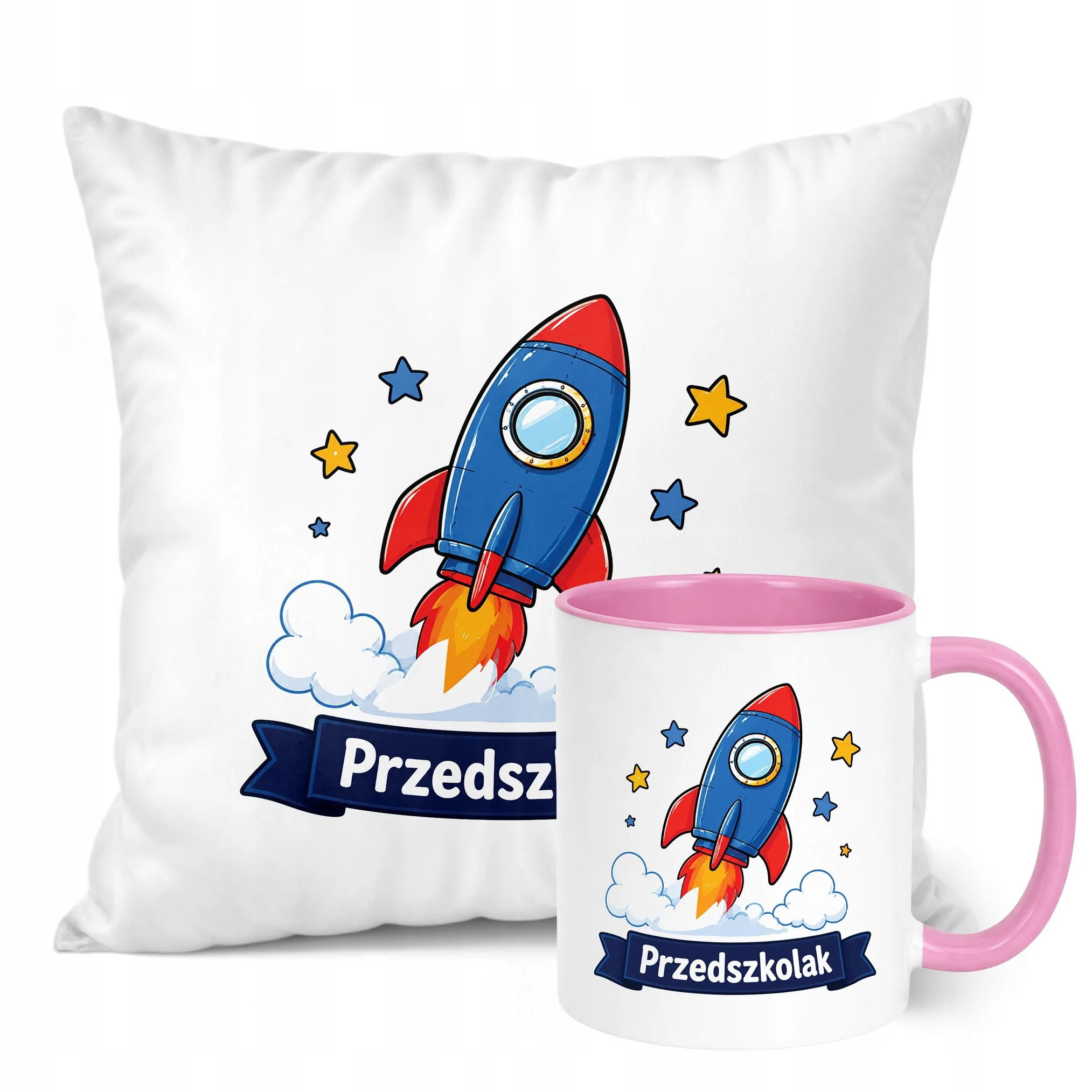 Zestaw Kubek Różowy Poduszka Z Nadrukiem Przedszkolak Szkoła Prezent
