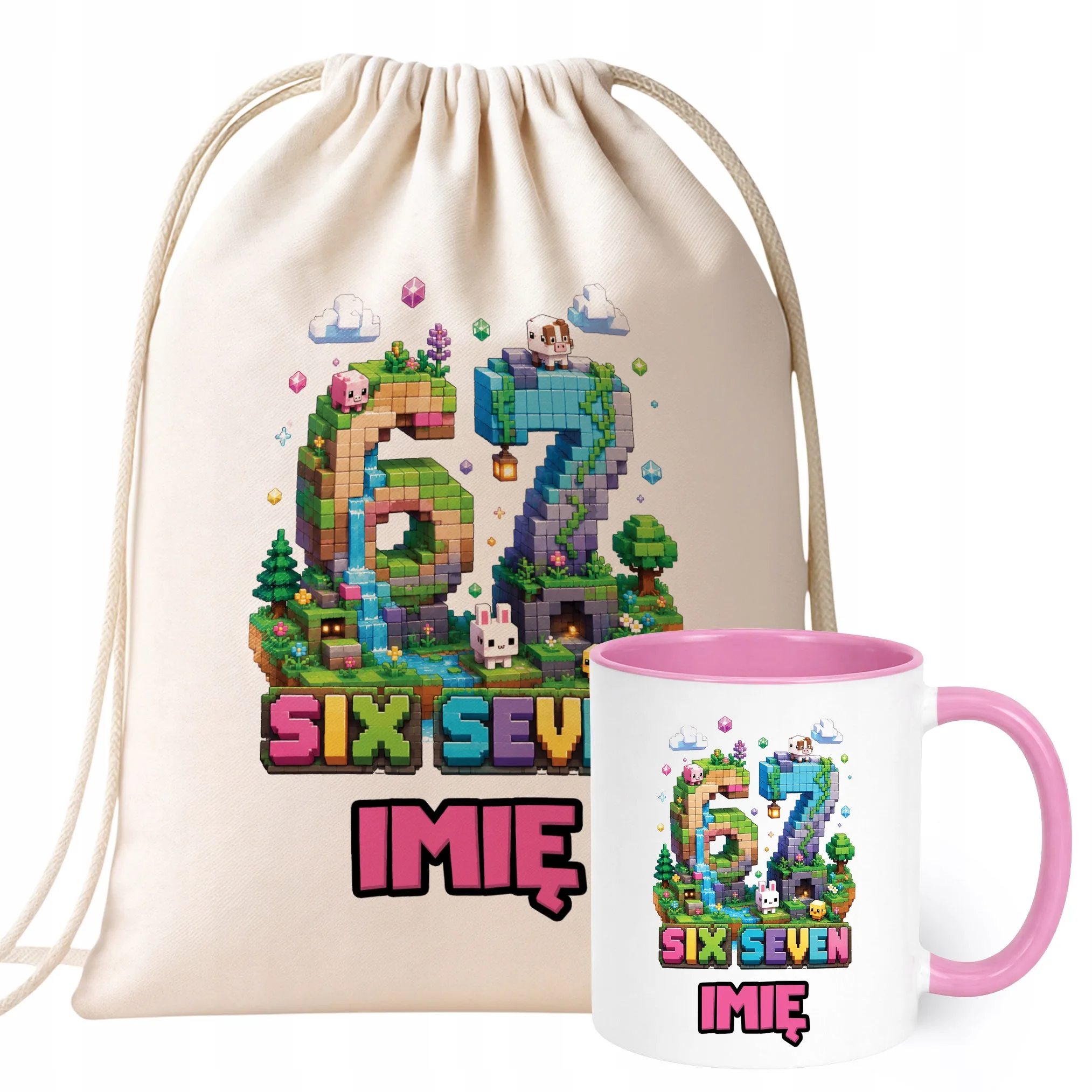 Zestaw Personalizowany Plecak Worek Kubek Różowy 67 Six Seven Prezent