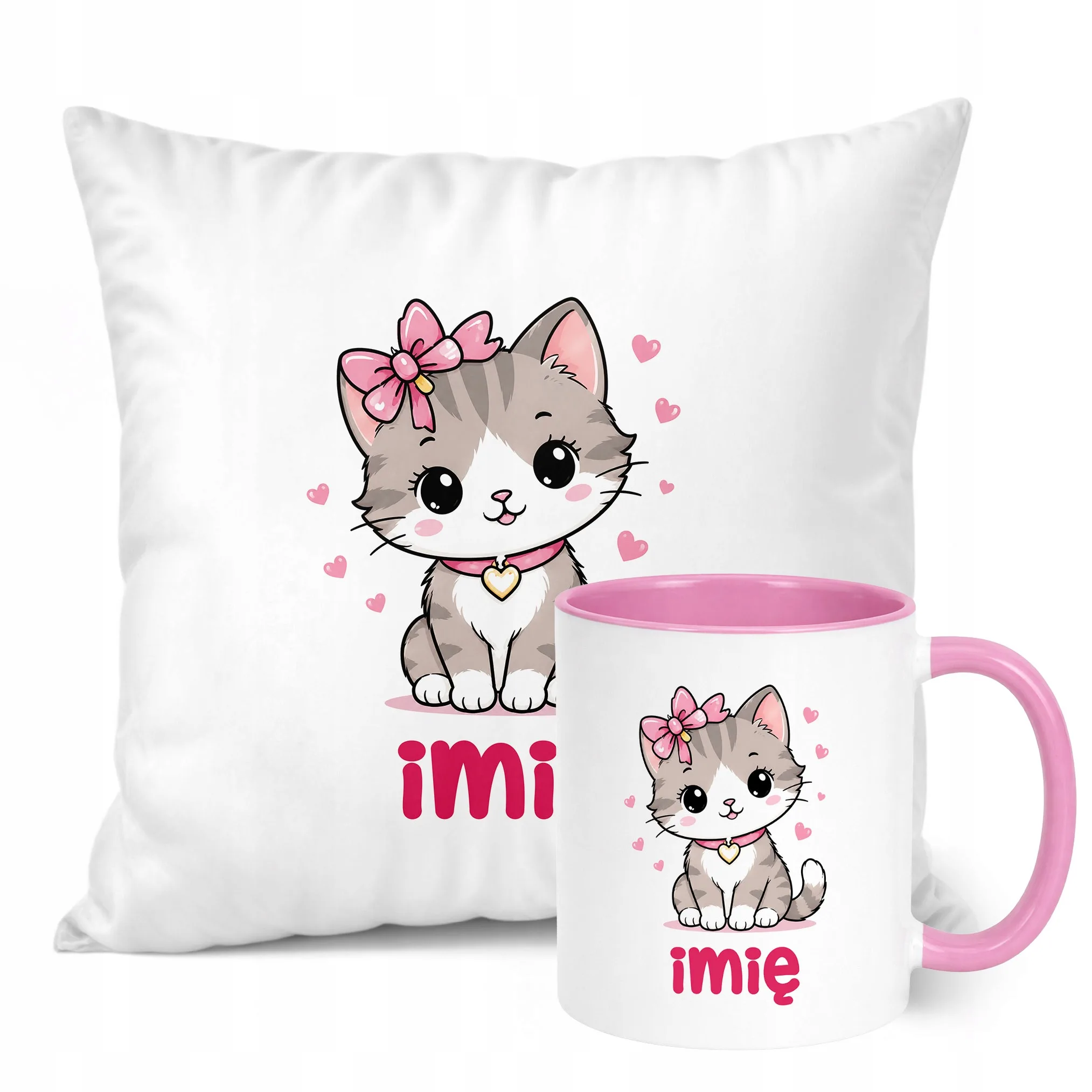 Zestaw Personalizowany Kubek Różowy Poduszka Kotek Prezent