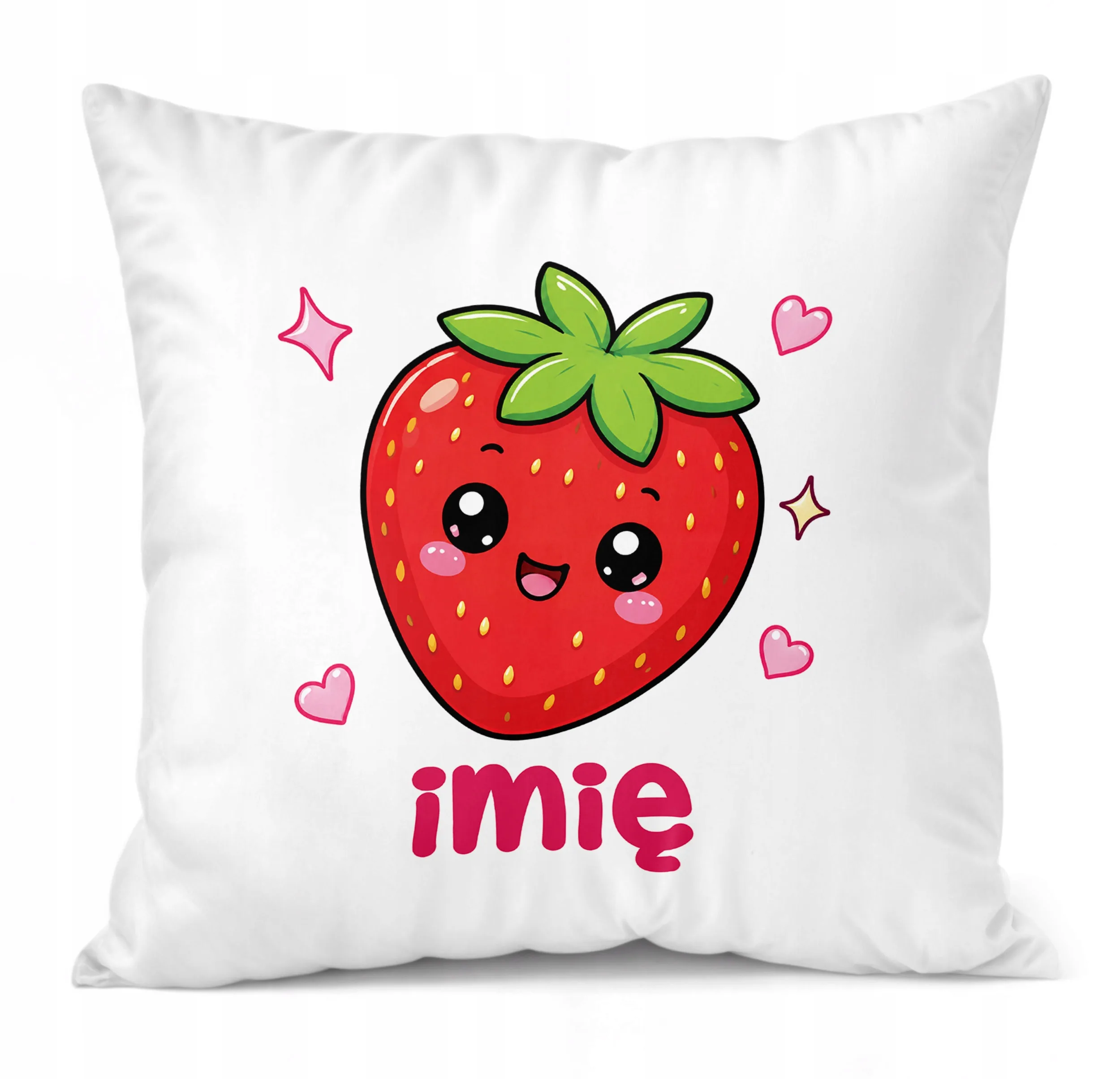 Poduszka Jasiek Personalizowana z nadrukiem 38x38cm Kawaii truskawka