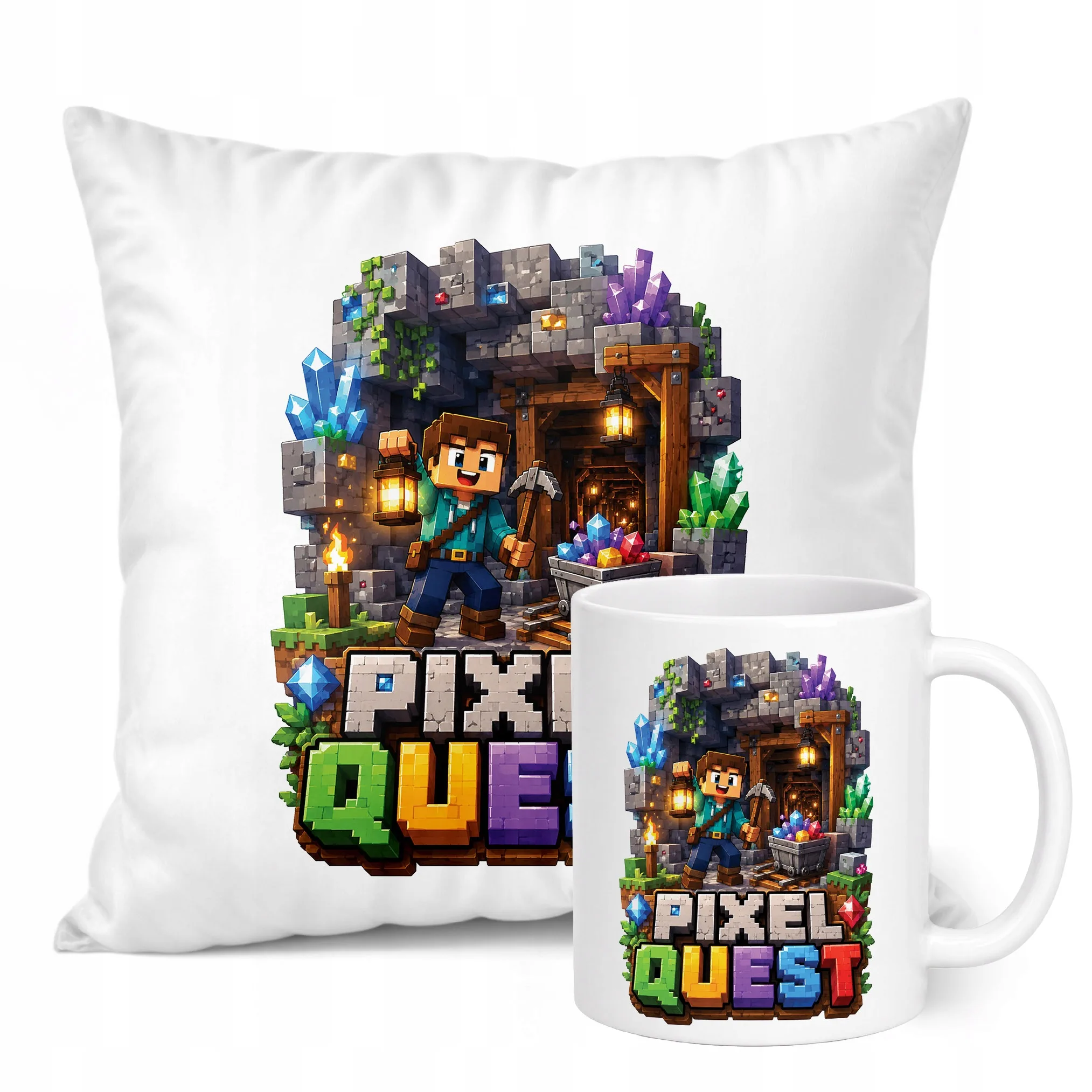 Zestaw Kubek Biały Poduszka Z Nadrukiem PIXEL Gra Prezent