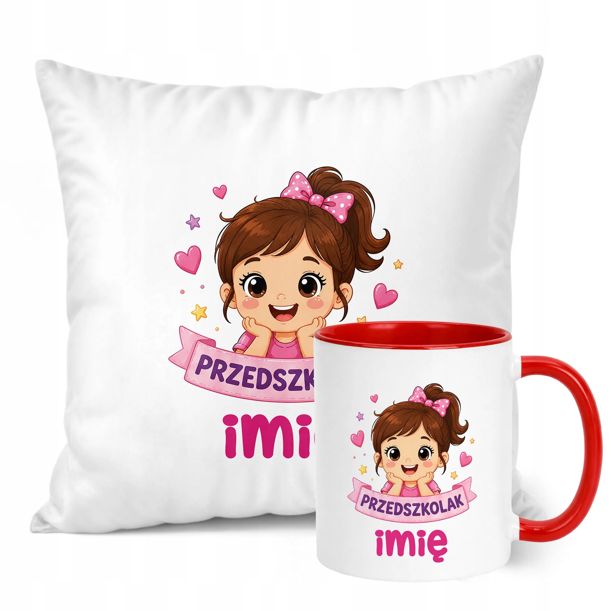 Zestaw Personalizowany Kubek Czerwony Poduszka Przedszkolak Prezent