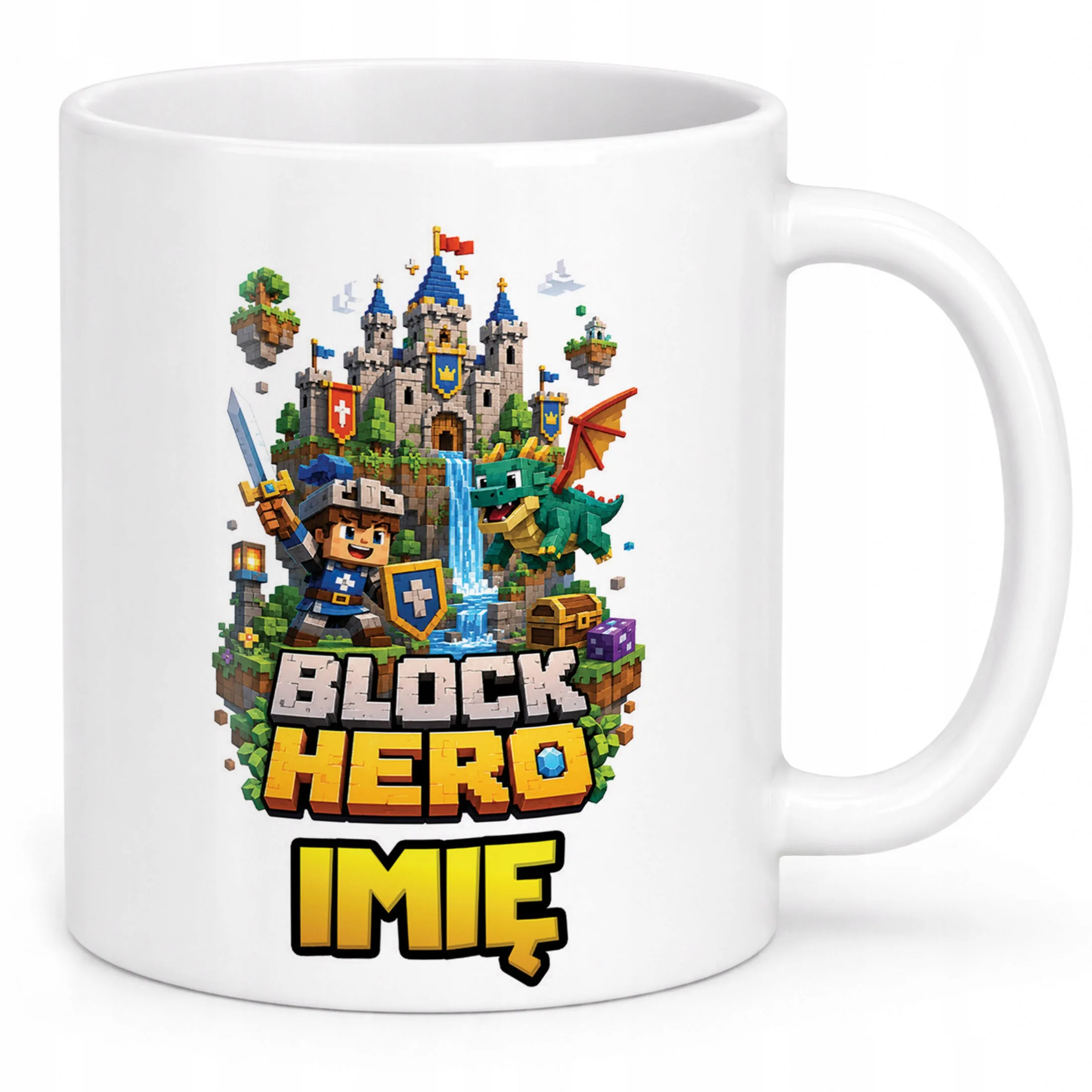 Biały Kubek z nadrukiem personalizowany BLOCK HERO Gra Dla Dzieci Prezent