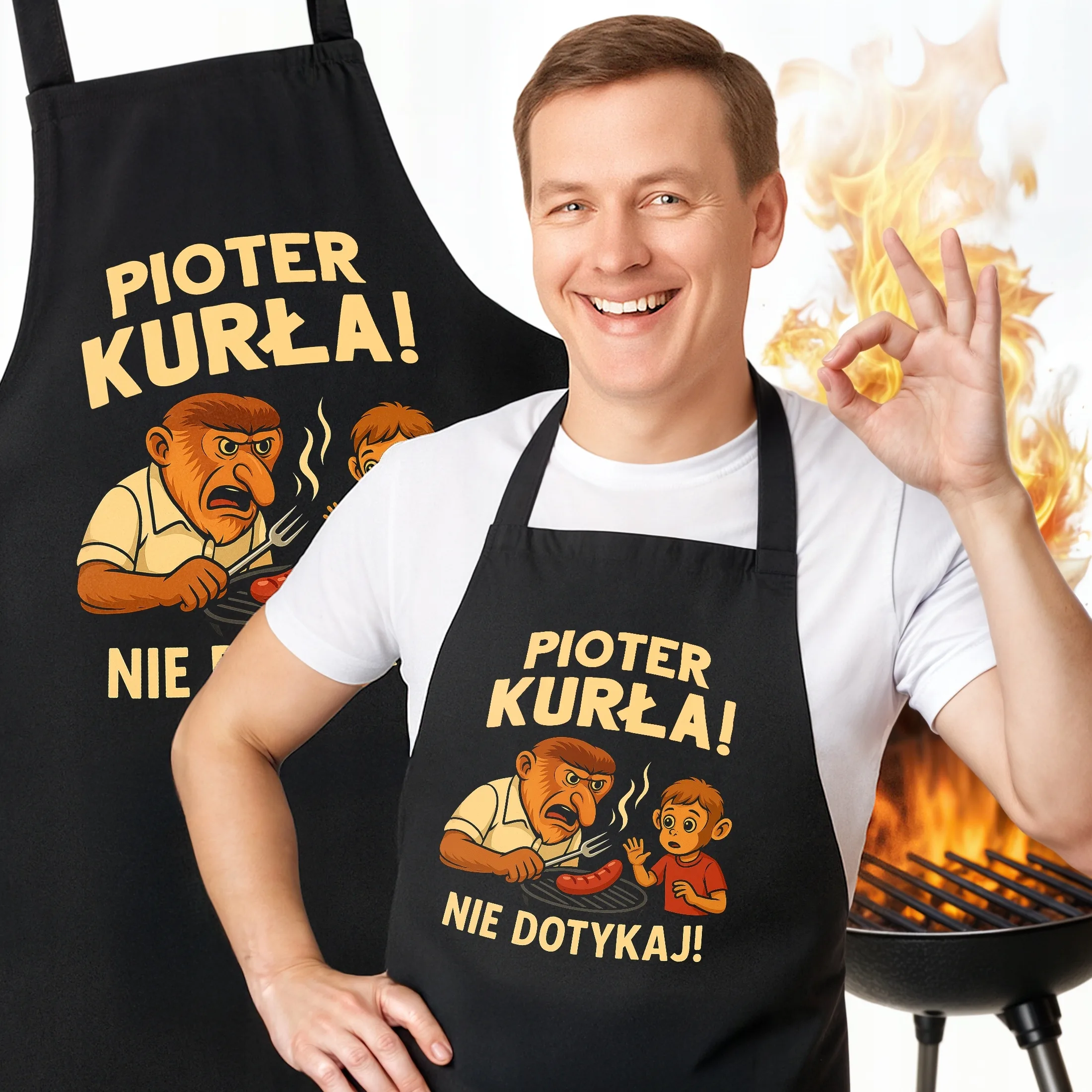 Bawełniany Czarny Fartuch Kuchenny Pioter Kurła Fartuszek Z Nadrukiem