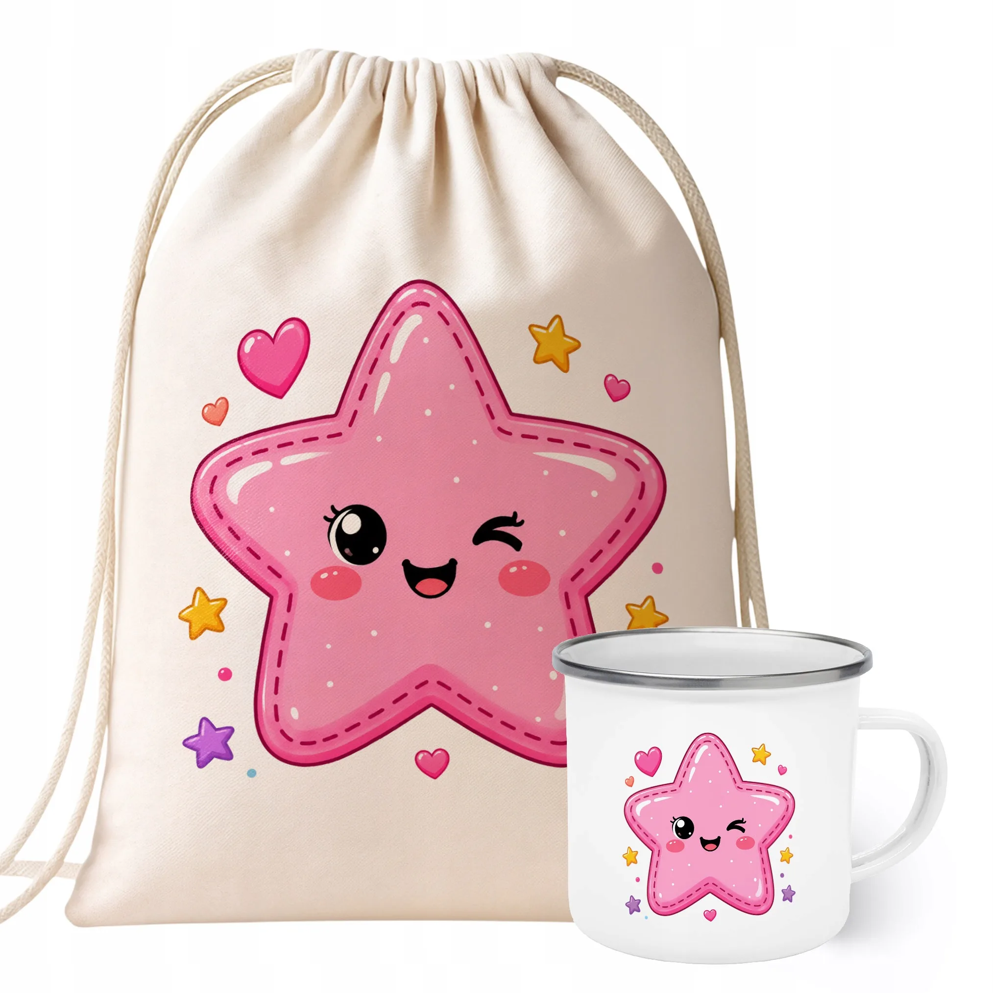 Zestaw Plecak Worek Kubek Emaliowany Z Nadrukiem Kawaii Gwiazdka Prezent
