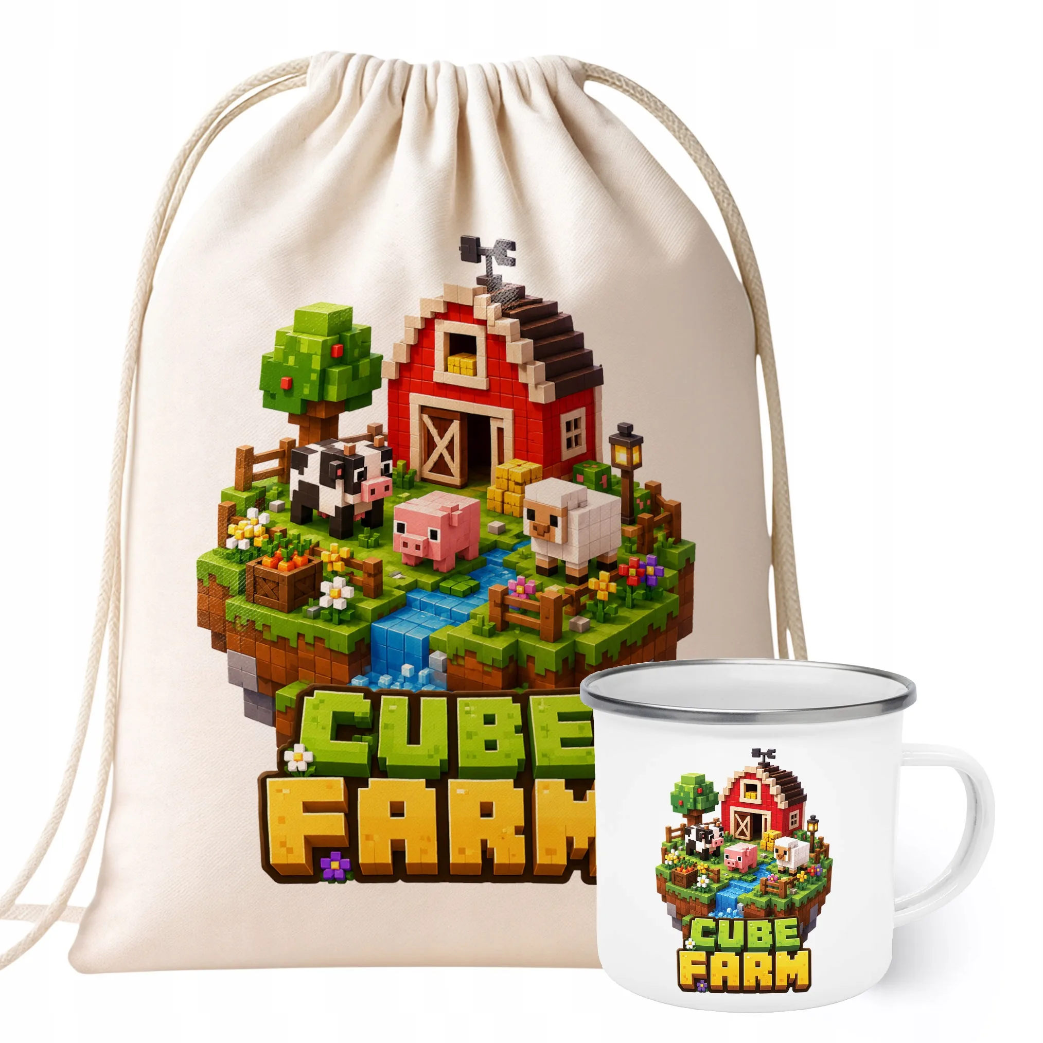 Zestaw Plecak Worek Kubek Emaliowany Z Nadrukiem CUBE FARM Prezent