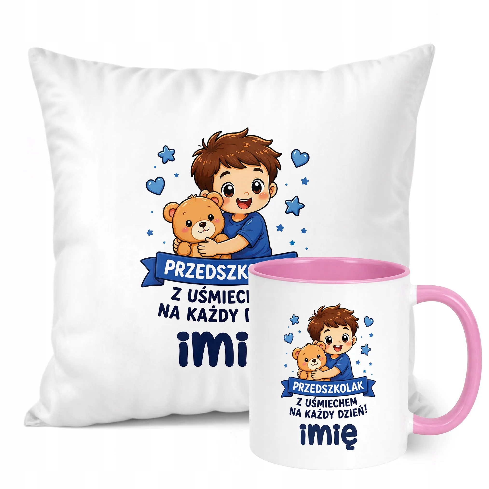 Zestaw Personalizowany Kubek Różowy Poduszka Przedszkolak Prezent