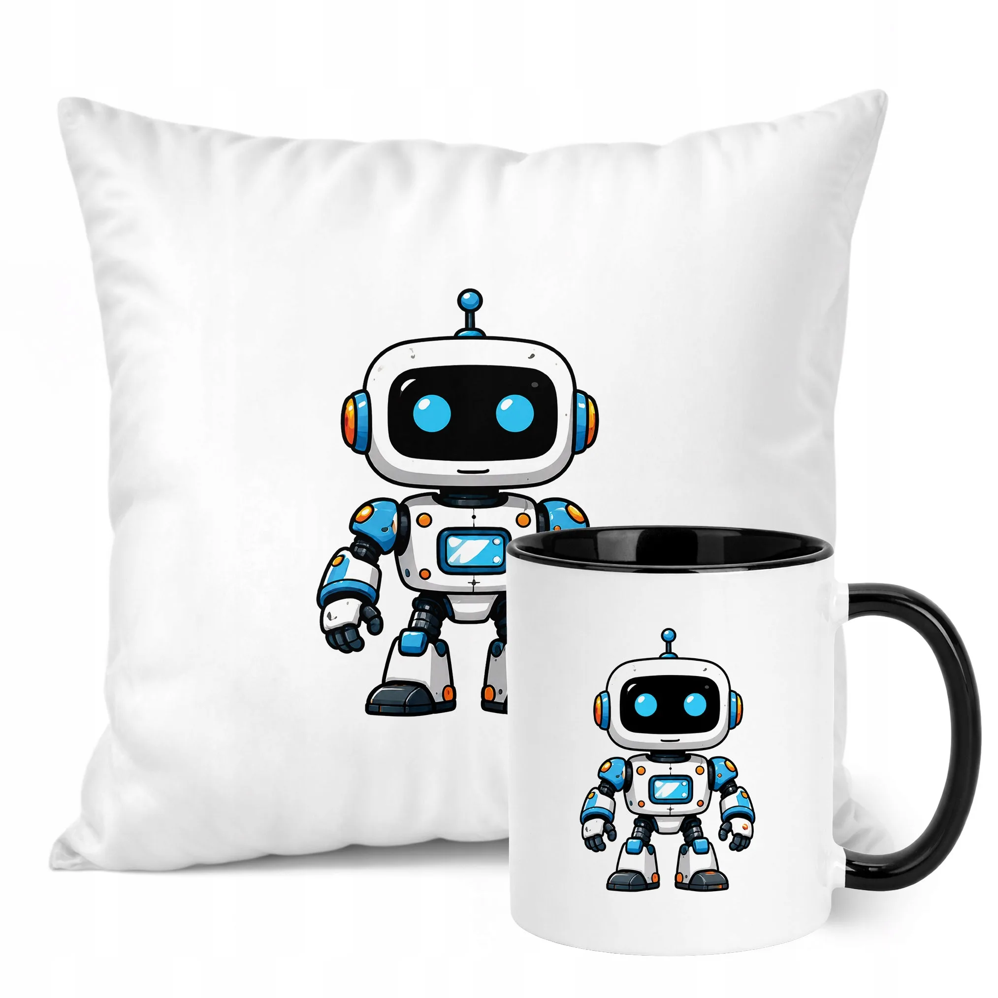 Zestaw Kubek Czarny Poduszka Z Nadrukiem Robot Prezent