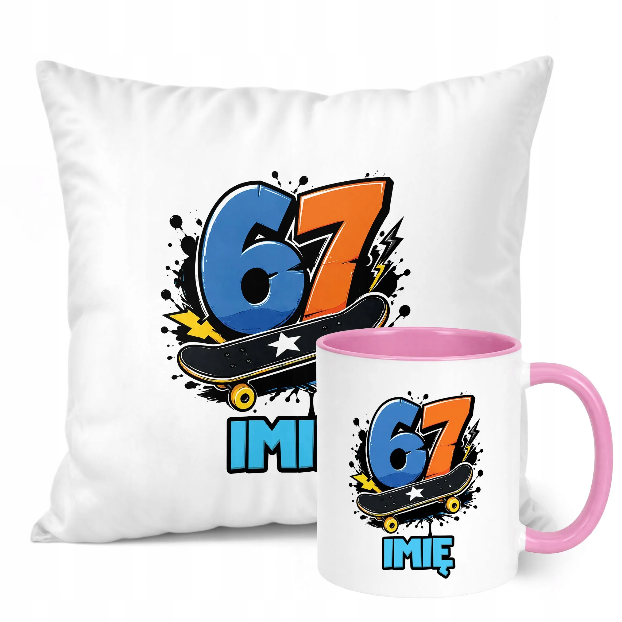 Zestaw Personalizowany Kubek Różowy Poduszka 67 Six Seven Prezent