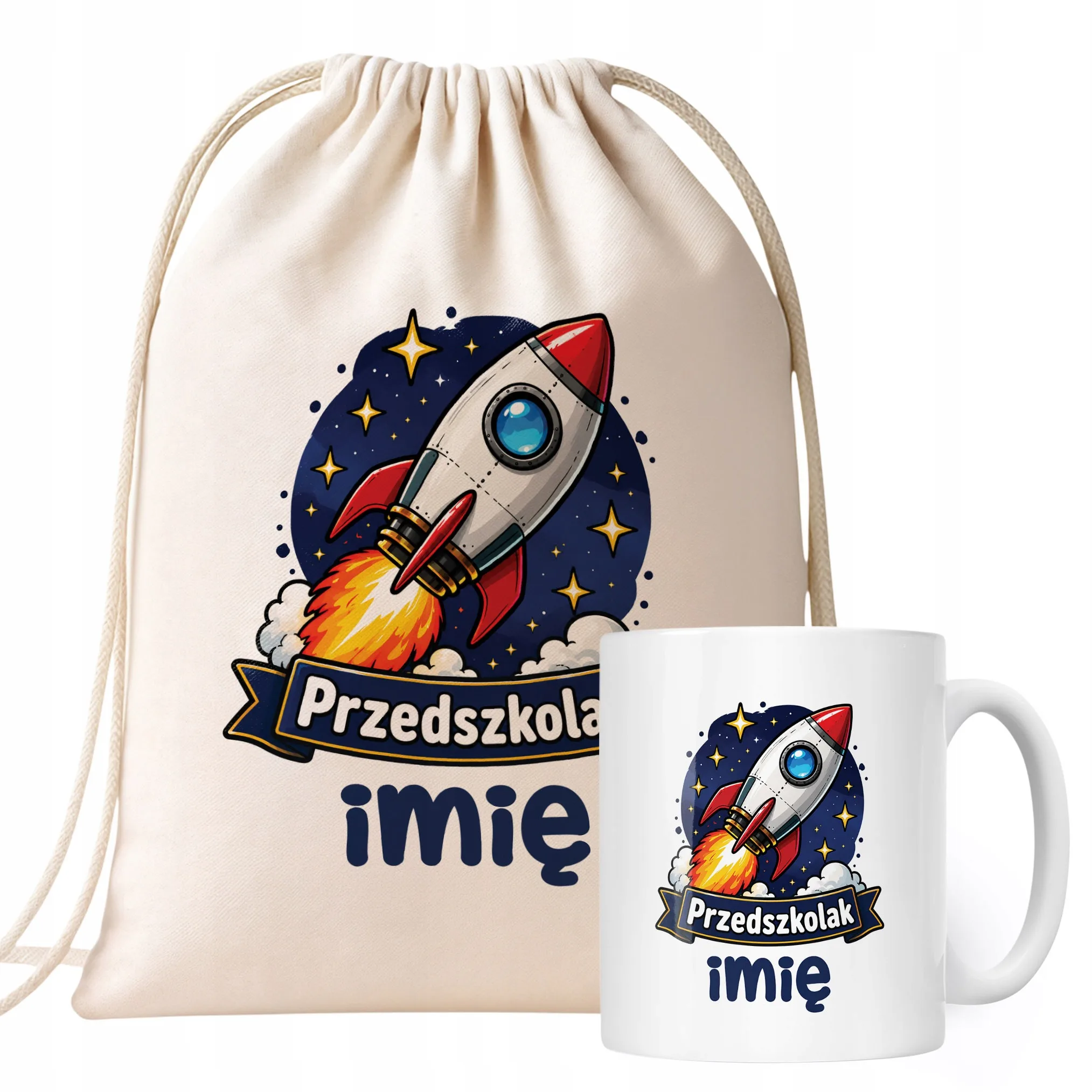 Zestaw Personalizowany Plecak Worek Kubek Przedszkolak Rakieta Prezent