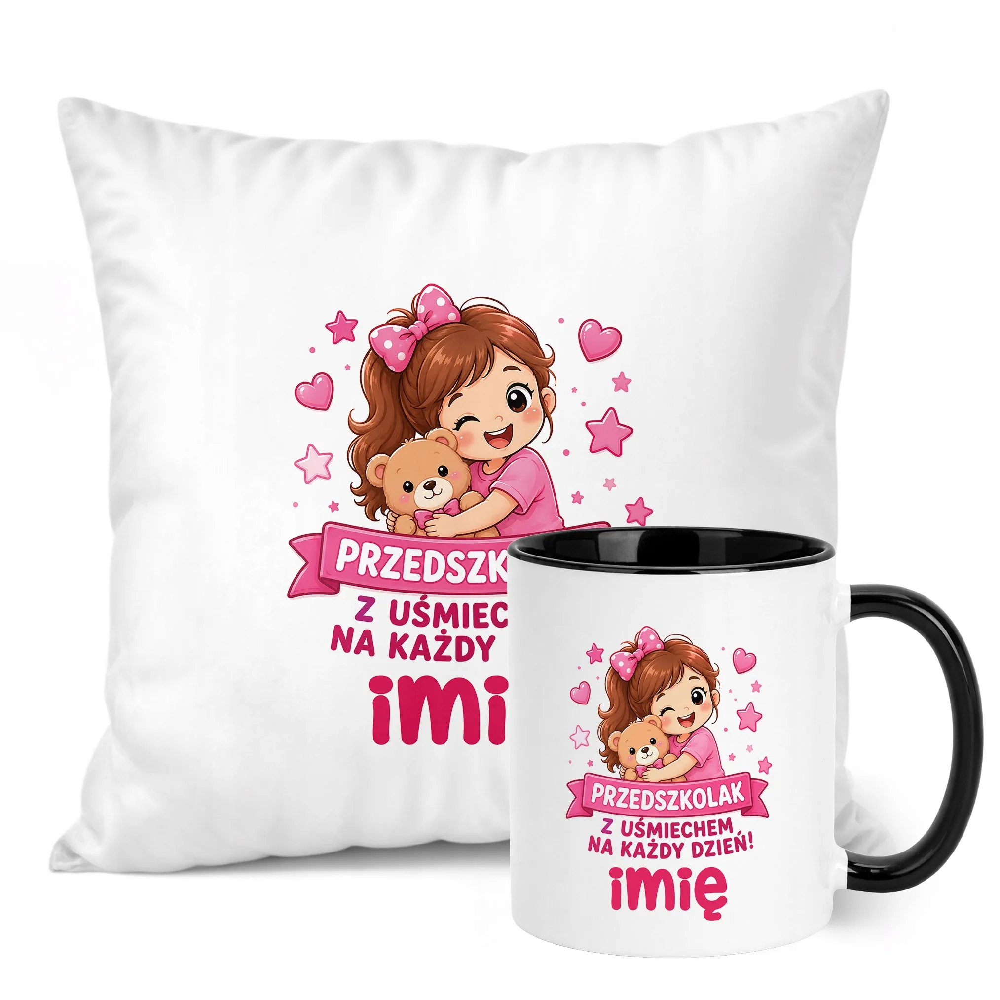 Zestaw Personalizowany Kubek Czarny Poduszka Przedszkolak Prezent