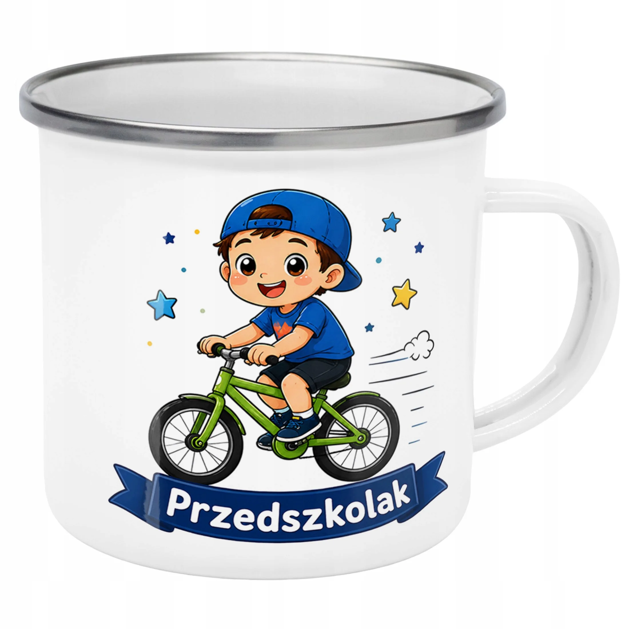 Kubek Emaliowany Przedszkolak Szkoła z Nadrukiem Biały Metalowy Prezent
