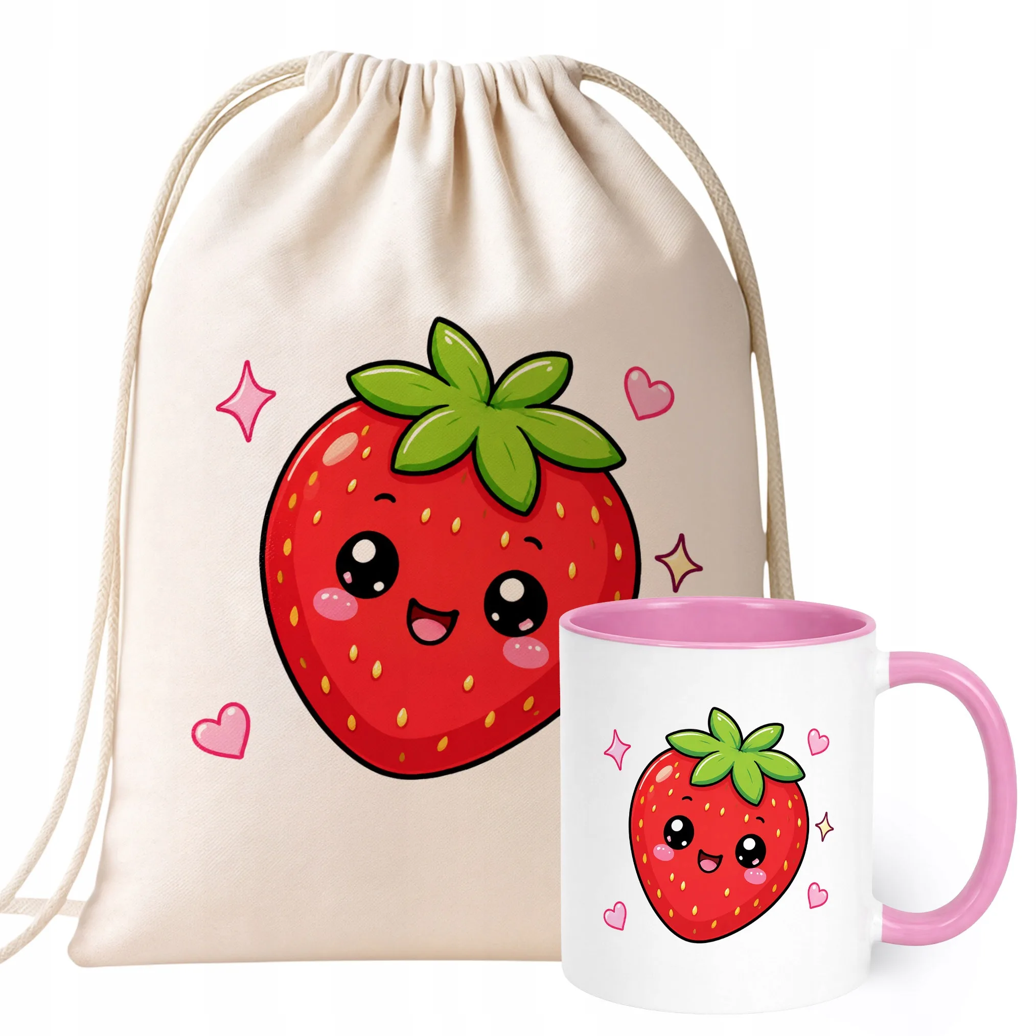 Zestaw Plecak Worek Kubek Różowy Z Nadrukiem Kawaii Truskawka Prezent
