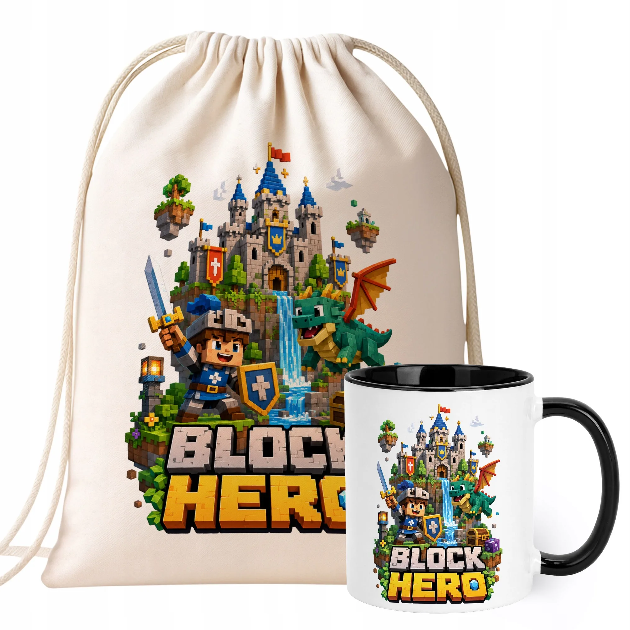 Zestaw Plecak Worek Kubek Czarny Z Nadrukiem BLOCK HERO Gra Dla Dzieci