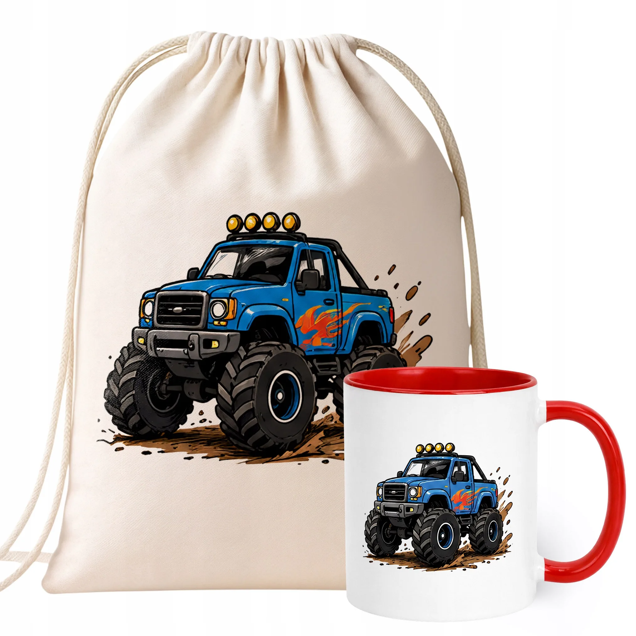 Zestaw Plecak Worek Kubek Czerwony Z Nadrukiem Monster Truck Dla Dzieci
