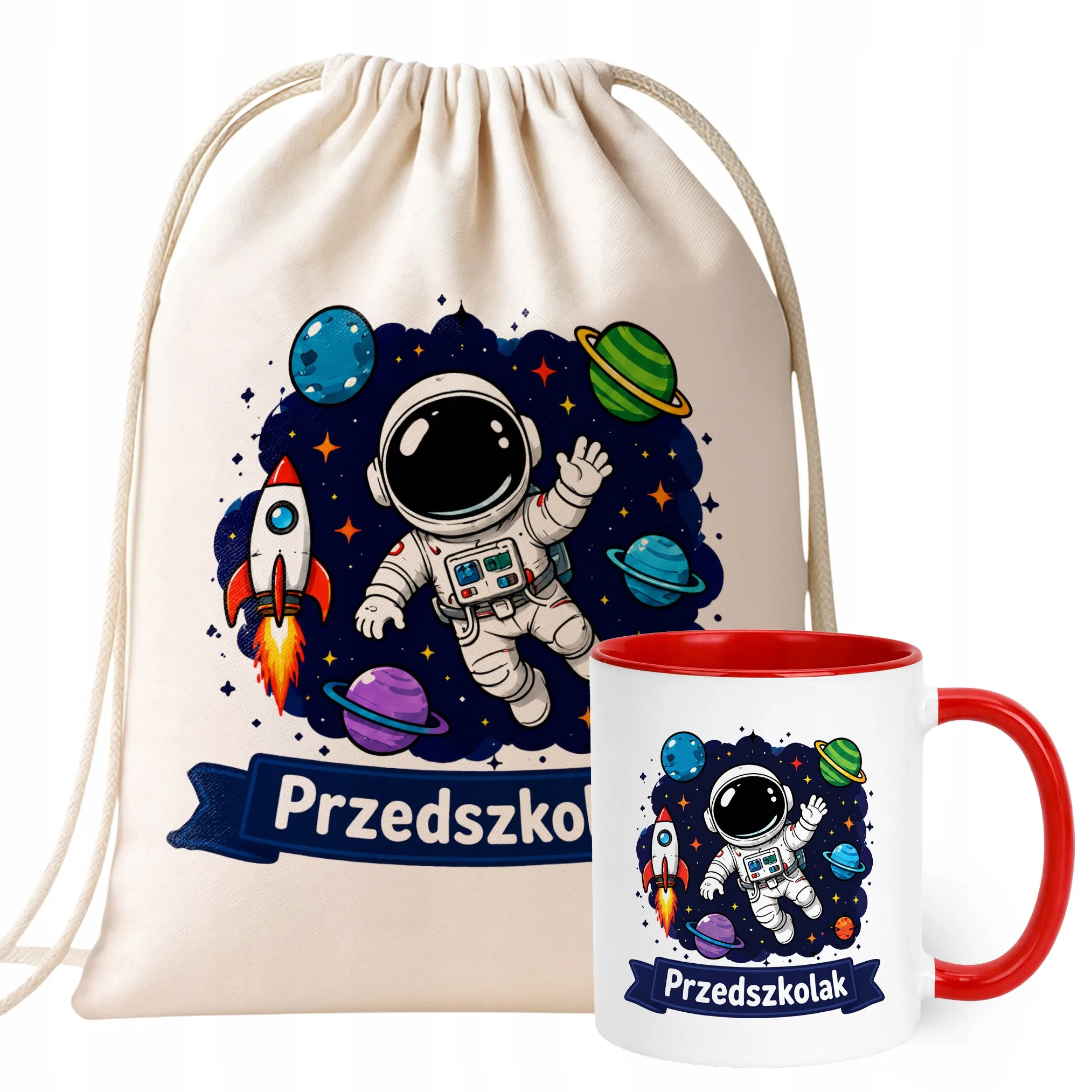 Zestaw Plecak Worek Kubek Czerwony Z Nadrukiem Przedszkolak Dla Dzieci